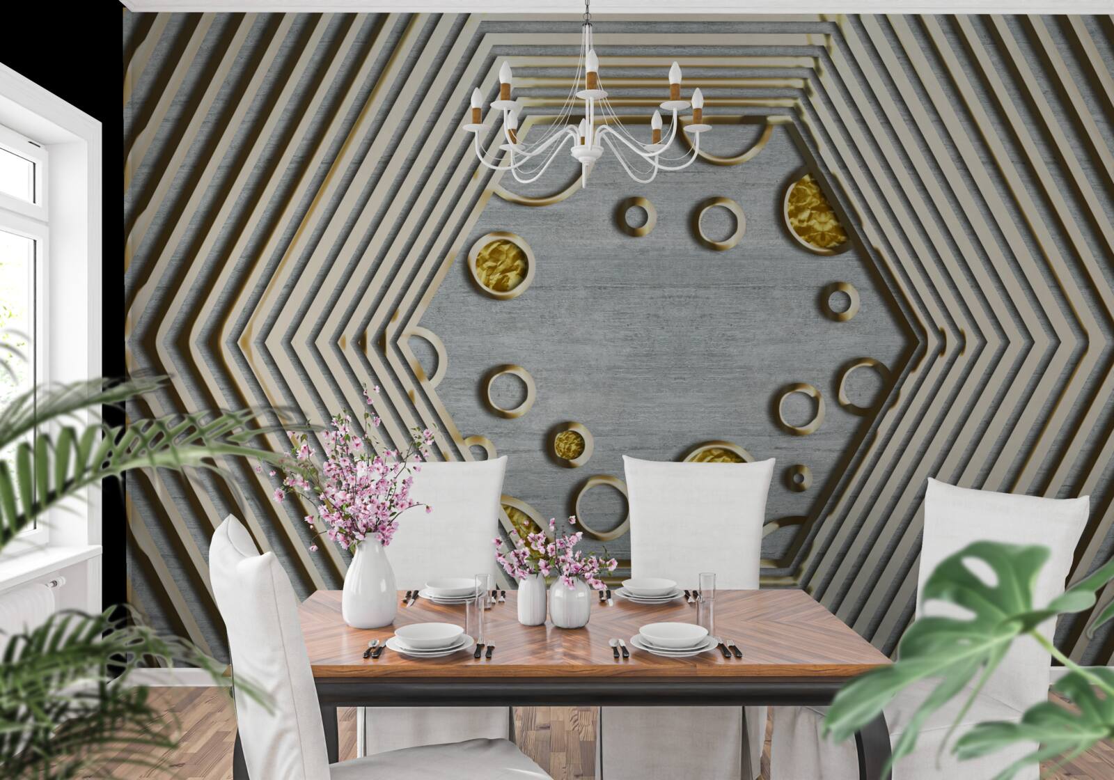 Papier peint hexagone argenté avec nuance dorée