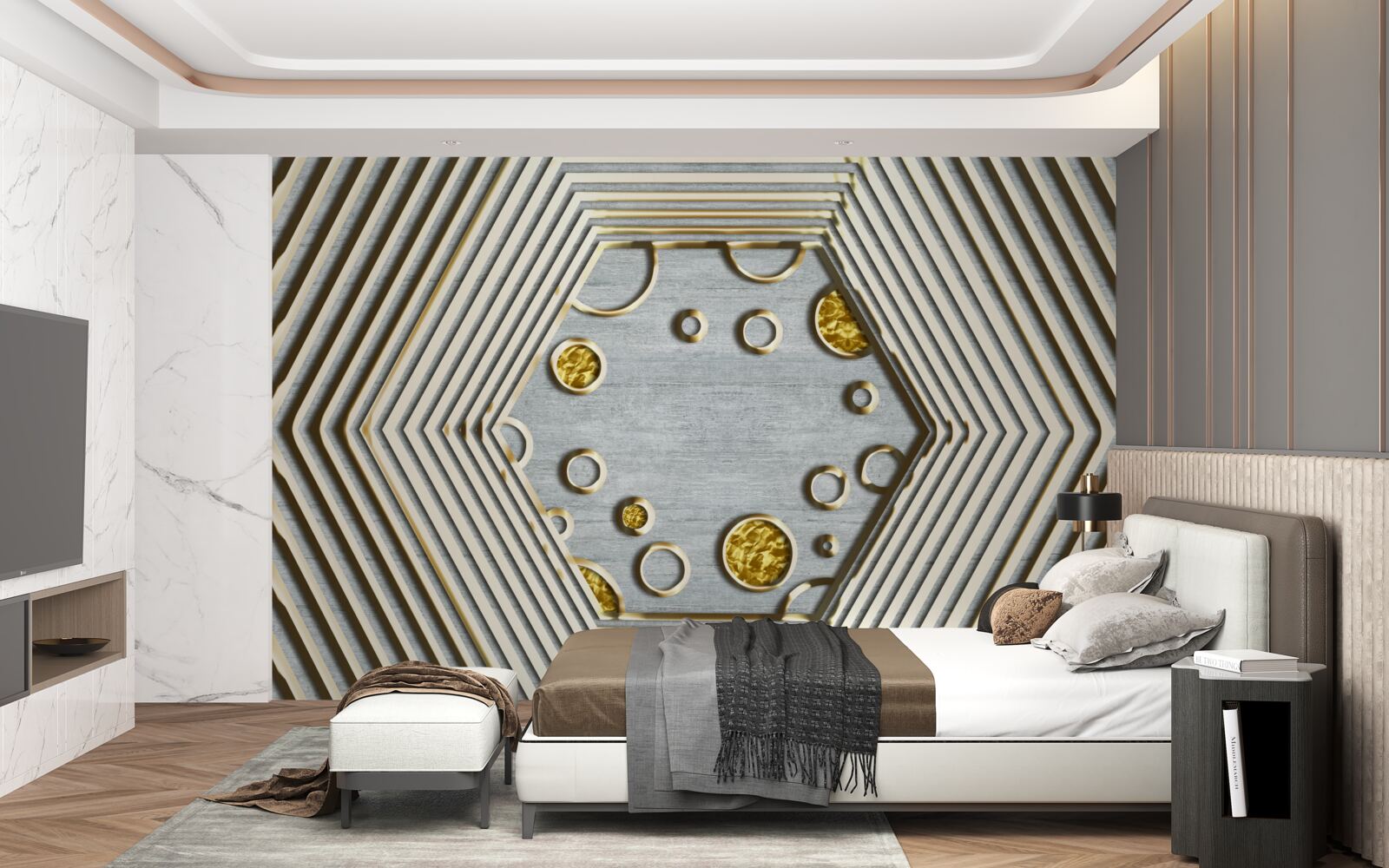 Papier peint hexagone argenté avec nuance dorée