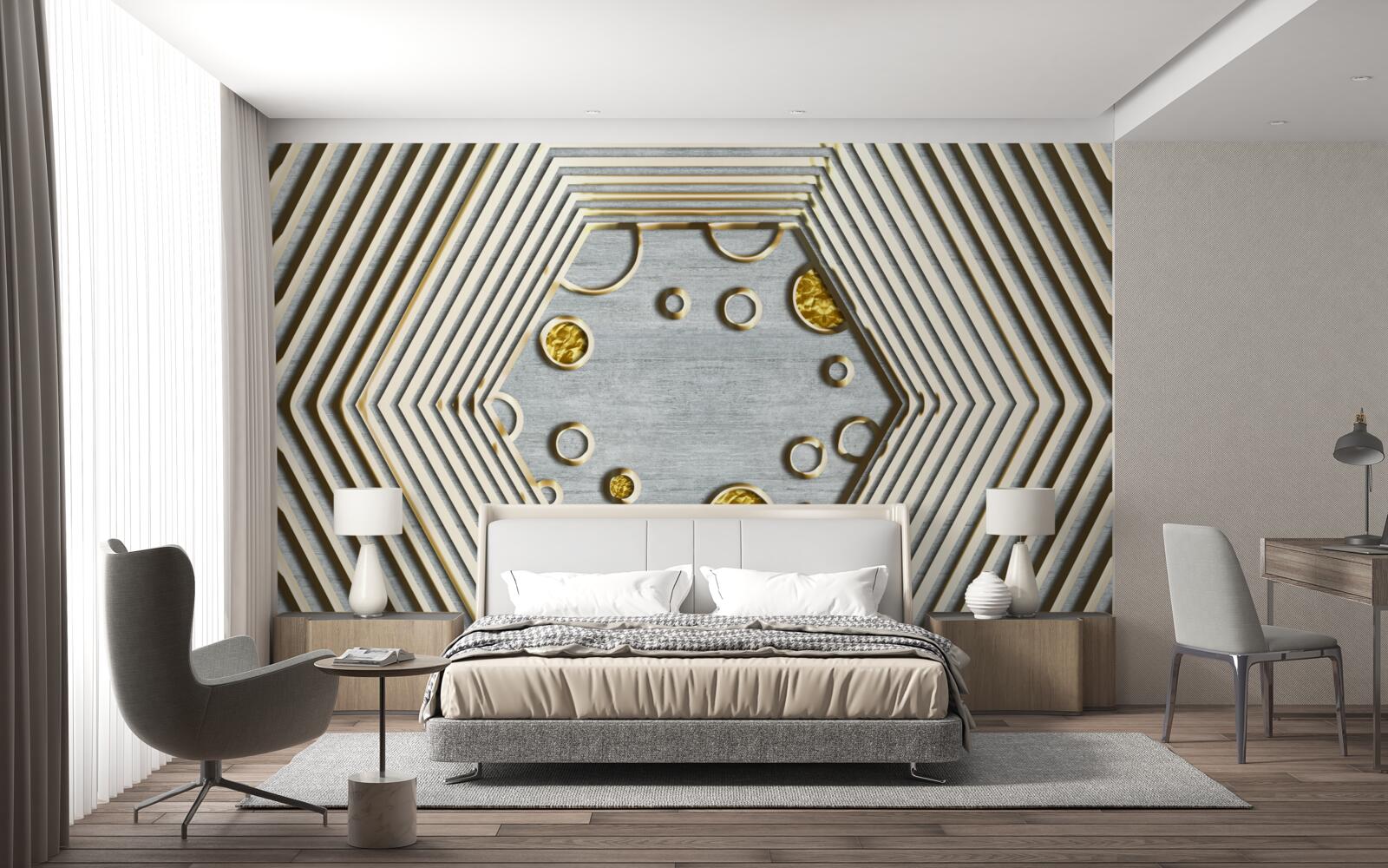 Papier peint hexagone argenté avec nuance dorée