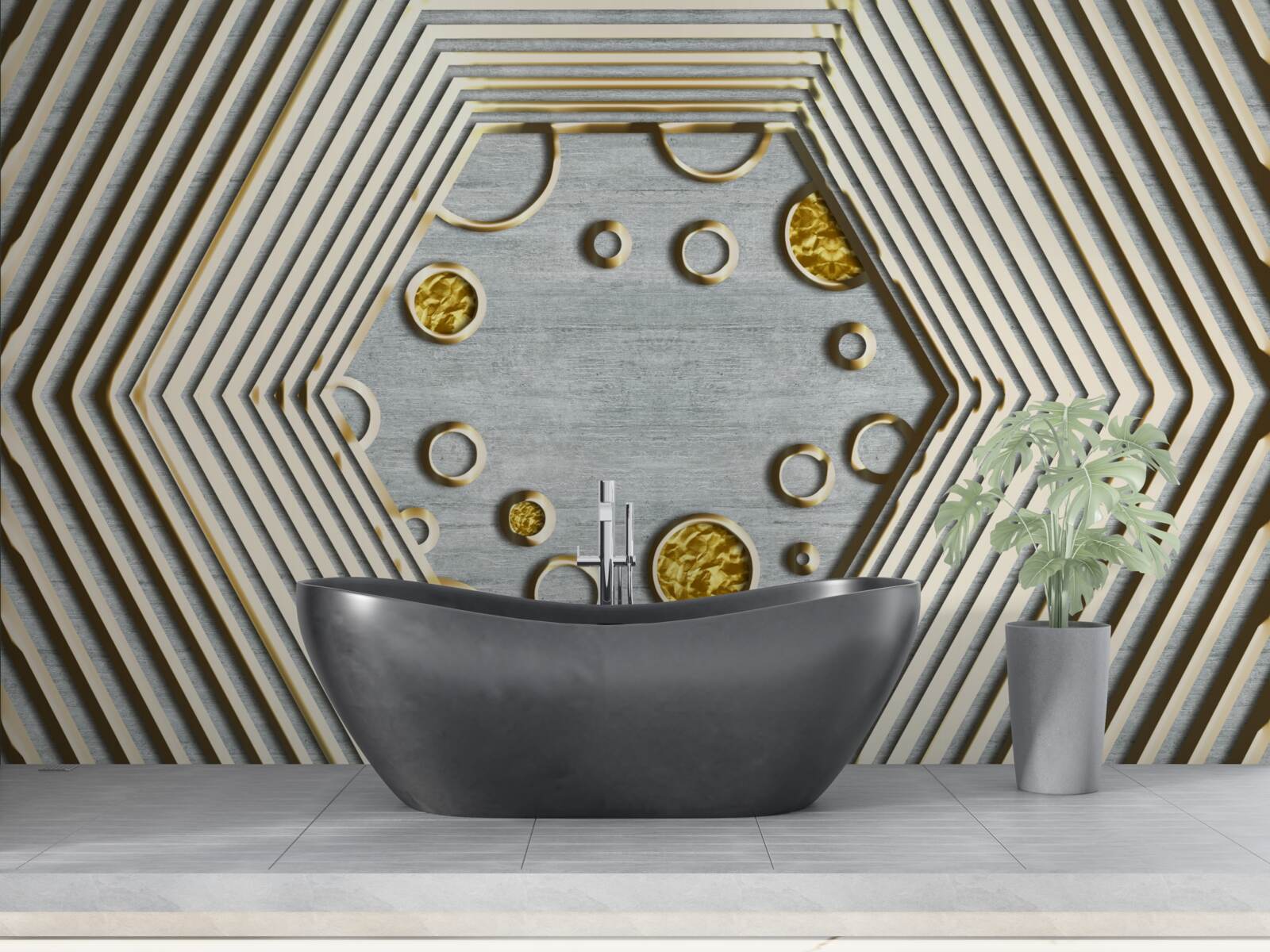 Papier peint hexagone argenté avec nuance dorée