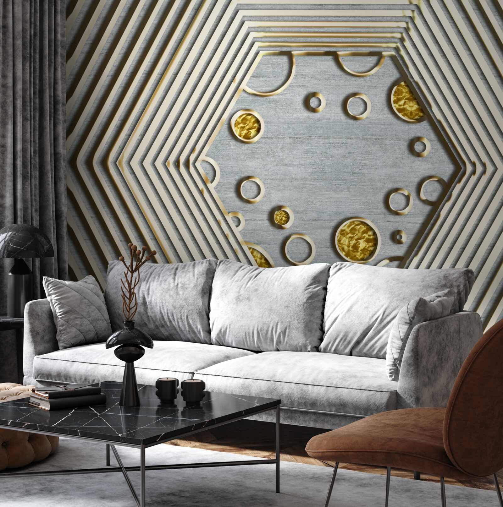 Papier peint hexagone argenté avec nuance dorée