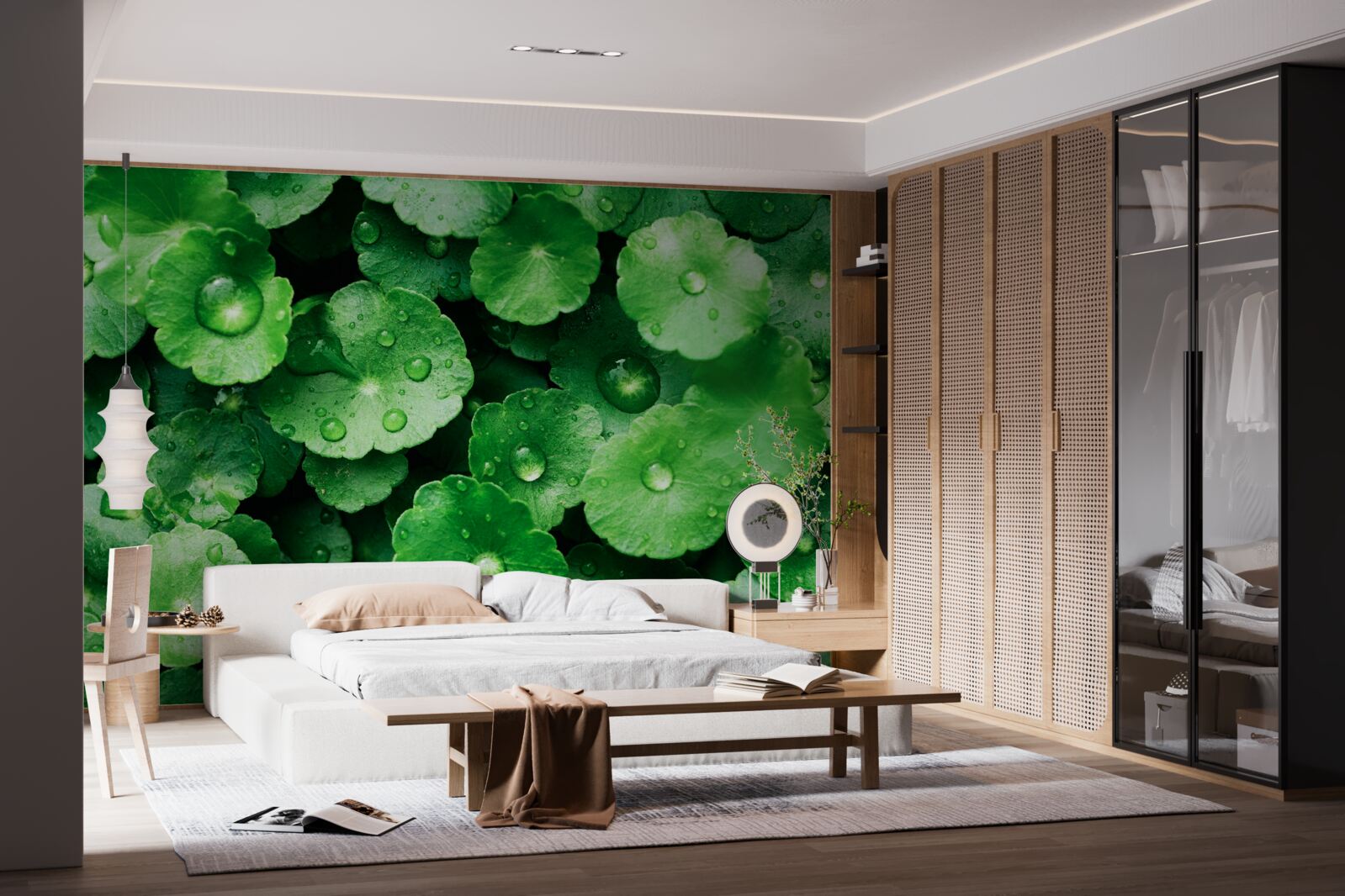 Papier peint feuilles vertes recouvertes de gouttes d'eau fraîches