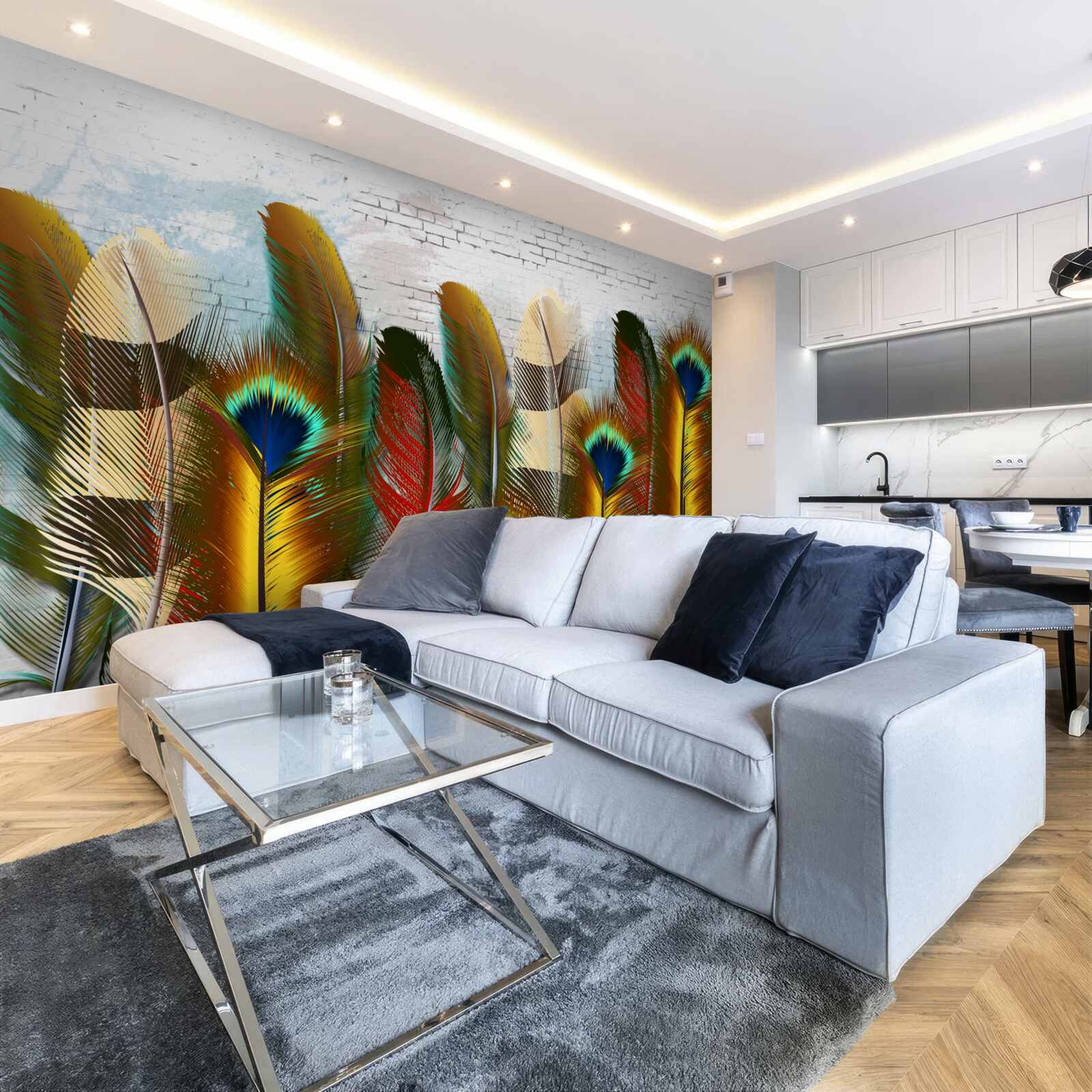 Papier peint les magnifiques plumes contrastent avec le mur de briques blanches