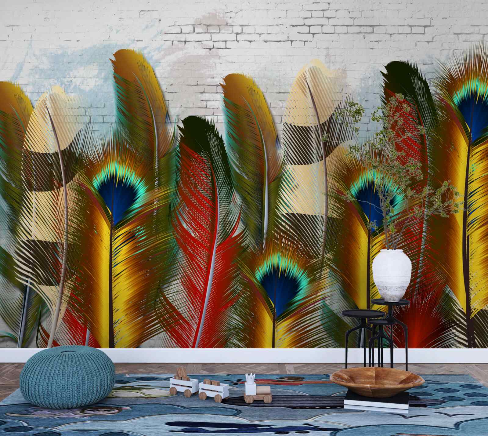 Papier peint les magnifiques plumes contrastent avec le mur de briques blanches