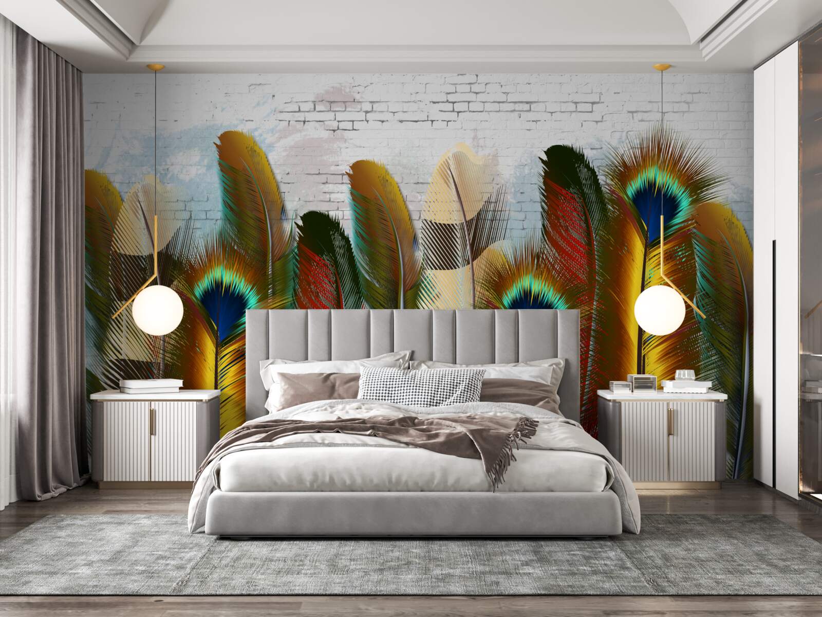 Papier peint les magnifiques plumes contrastent avec le mur de briques blanches