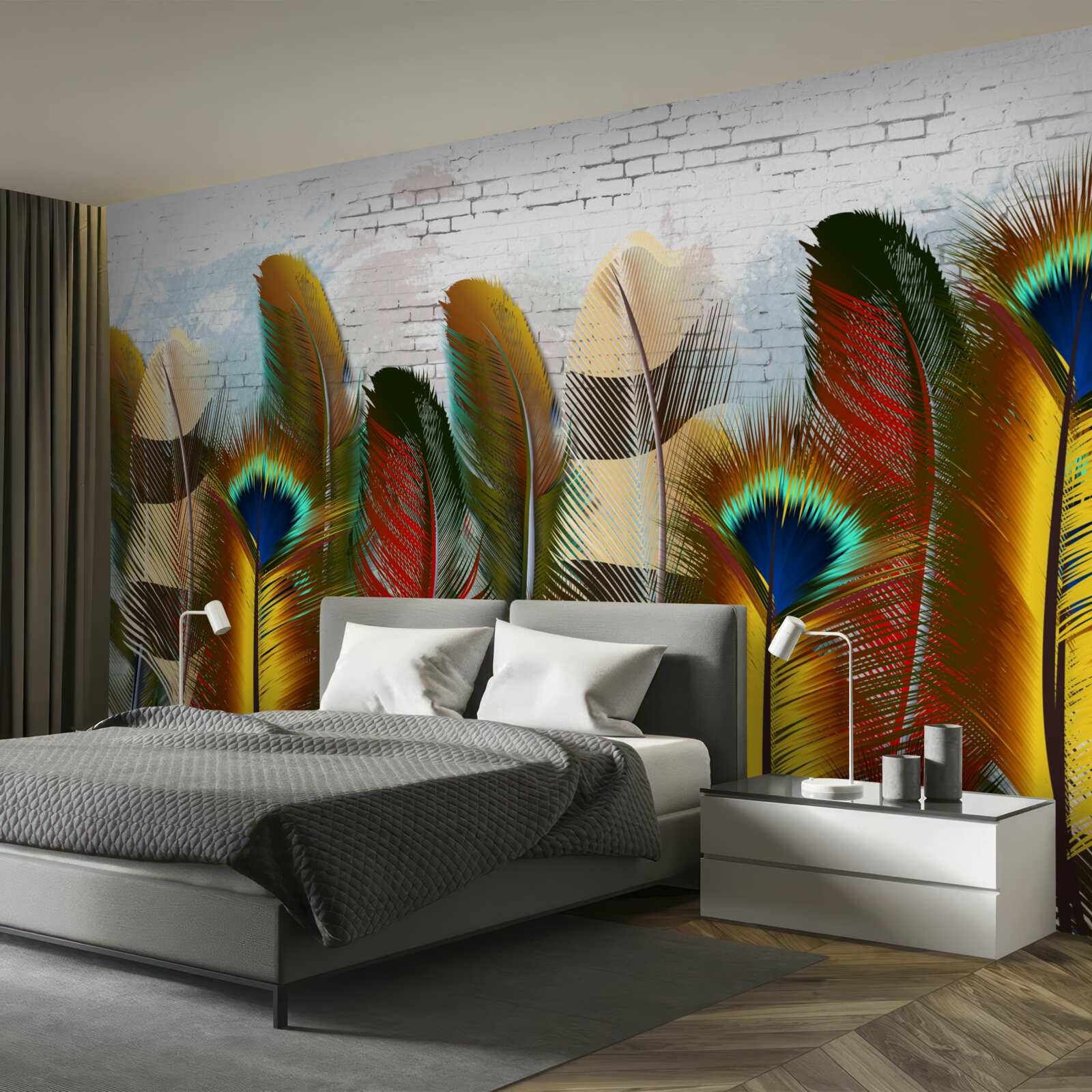 Papier peint les magnifiques plumes contrastent avec le mur de briques blanches