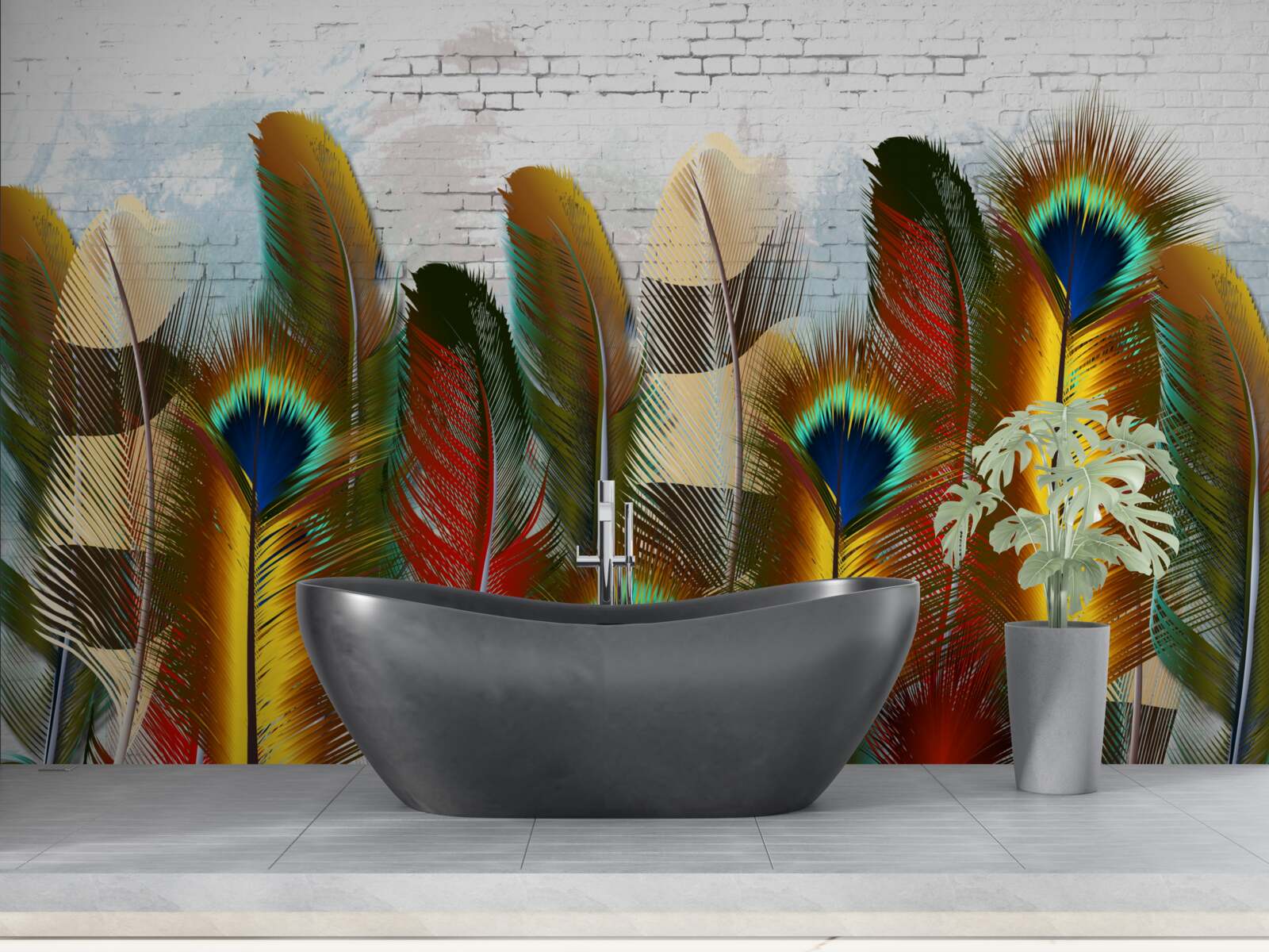 Papier peint les magnifiques plumes contrastent avec le mur de briques blanches