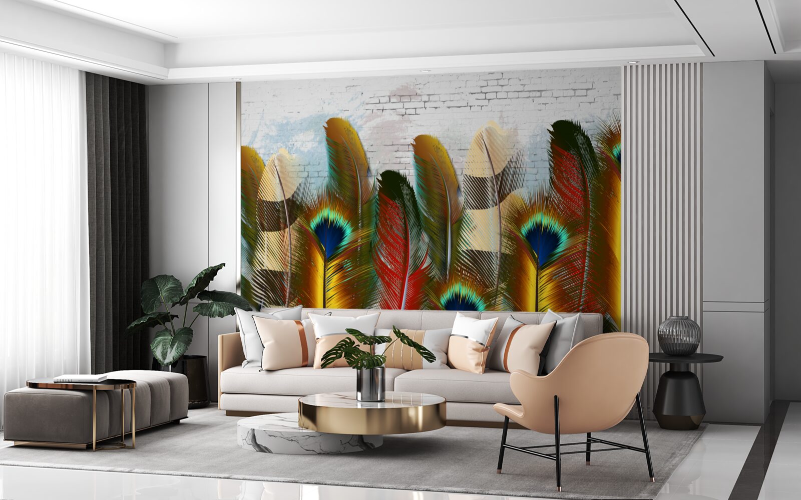 Papier peint les magnifiques plumes contrastent avec le mur de briques blanches