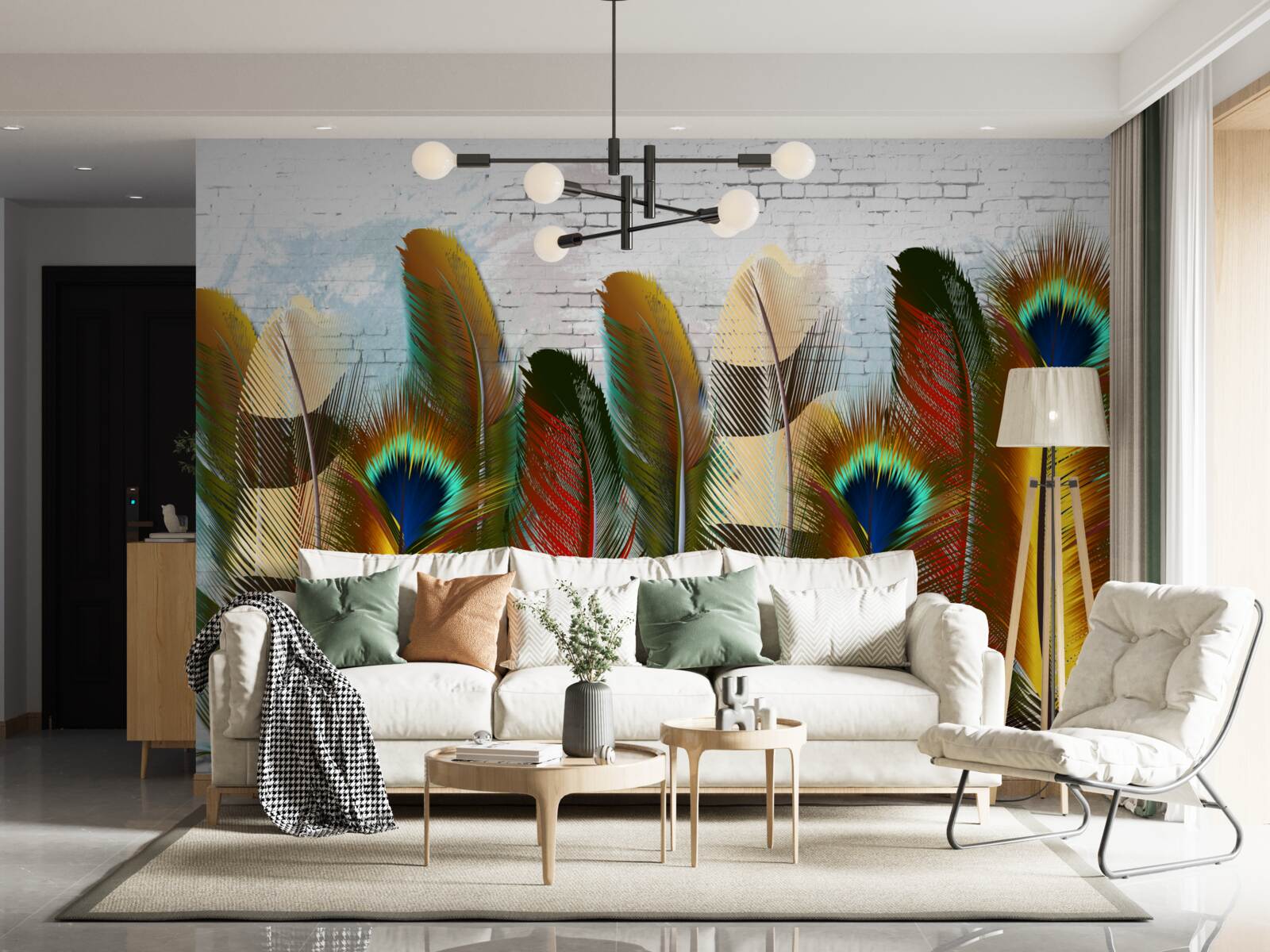 Papier peint les magnifiques plumes contrastent avec le mur de briques blanches