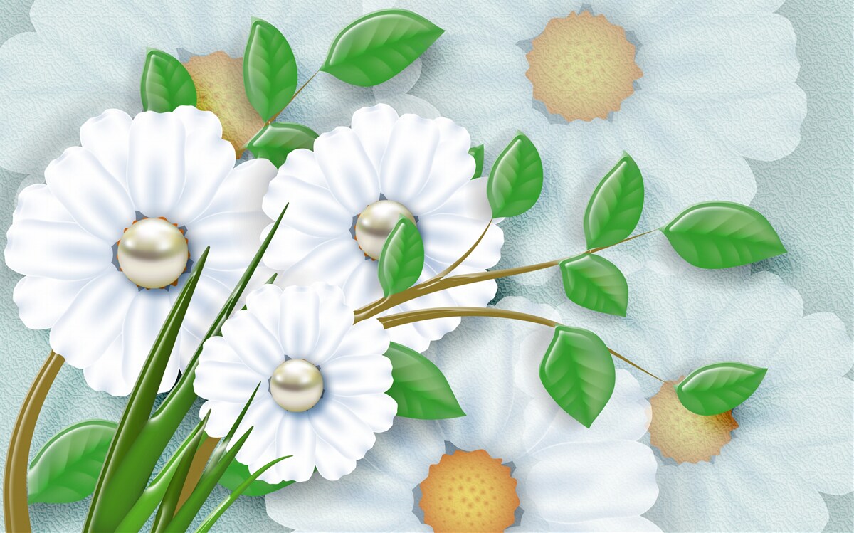 Papier peint Marguerites blanches avec cœurs en perles