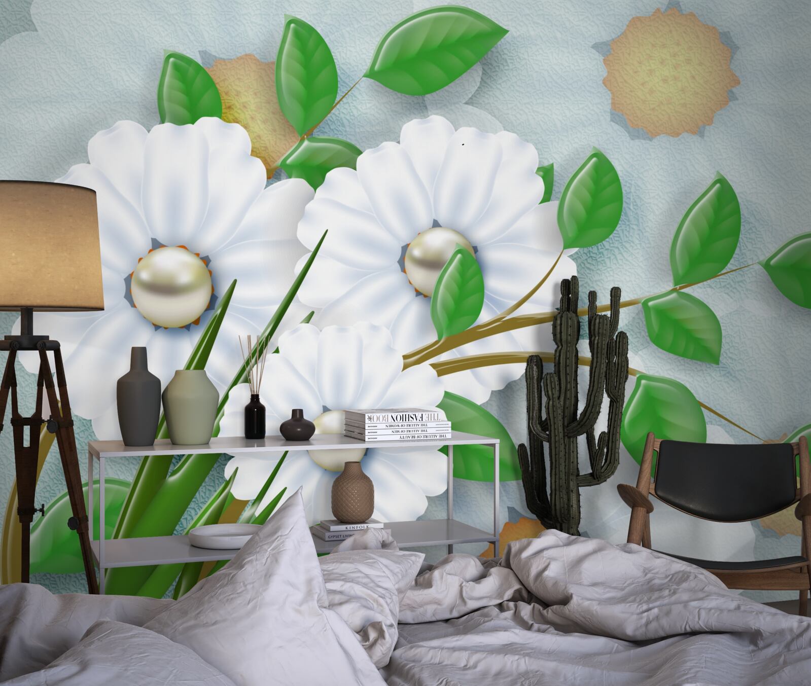 Papier peint Marguerites blanches avec cœurs en perles