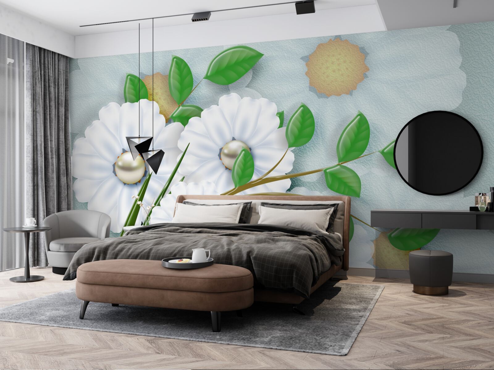 Papier peint Marguerites blanches avec cœurs en perles