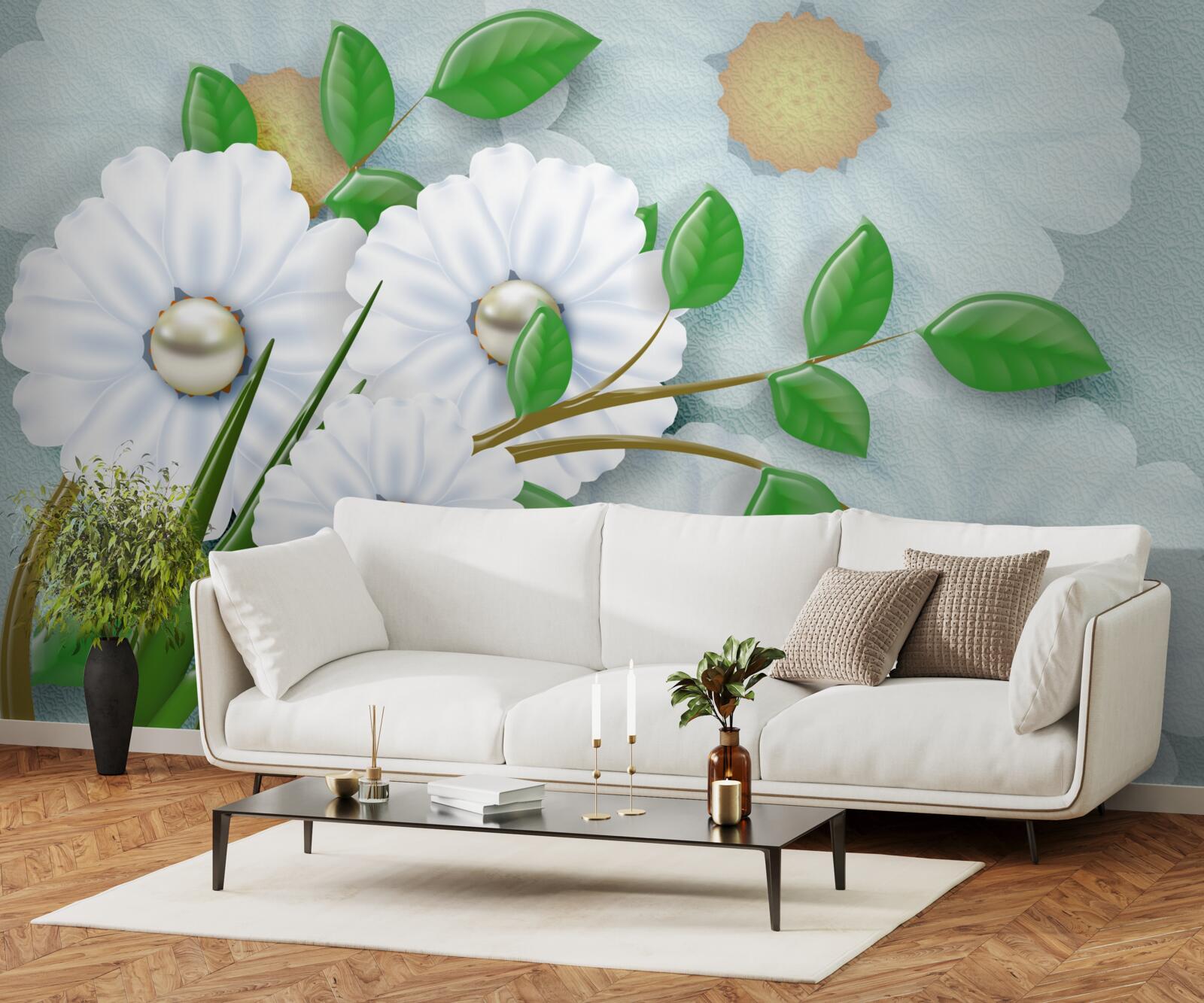 Papier peint Marguerites blanches avec cœurs en perles