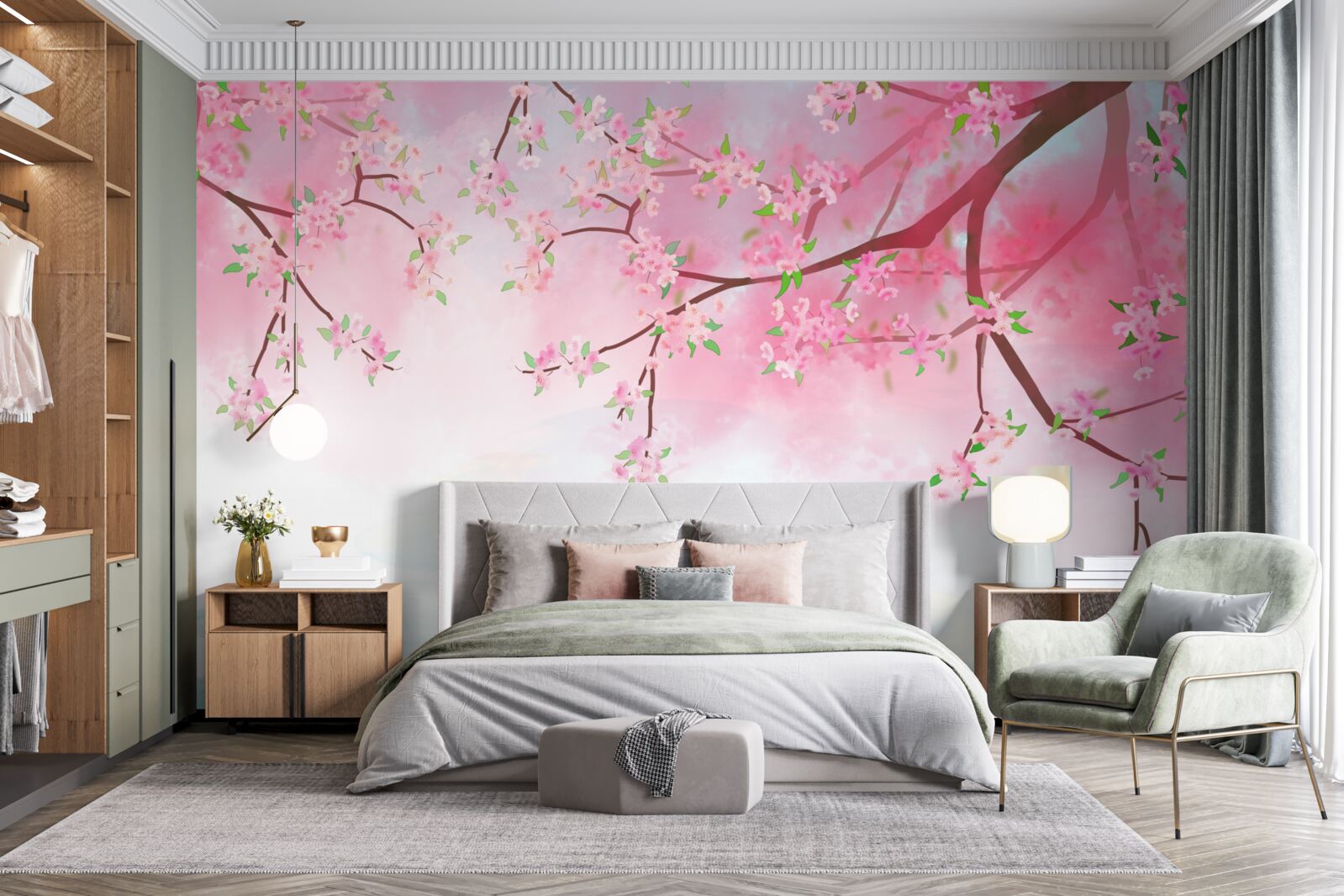 Papier peint des fleurs de roses s'épanouissent sur les branches des arbres