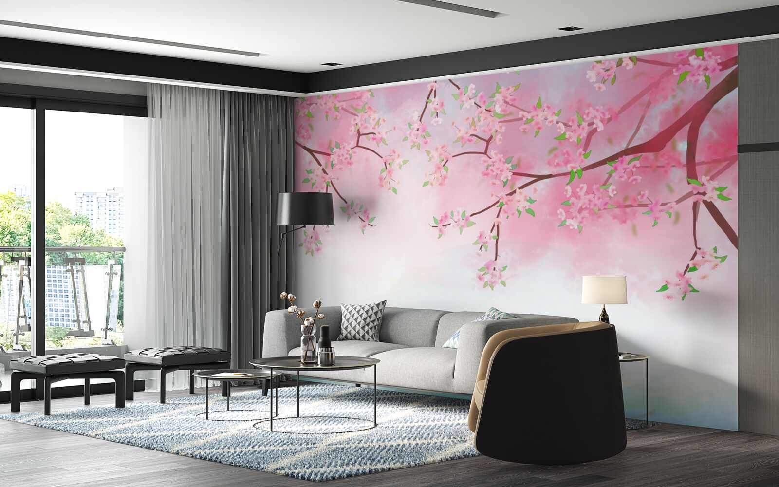 Papier peint des fleurs de roses s'épanouissent sur les branches des arbres