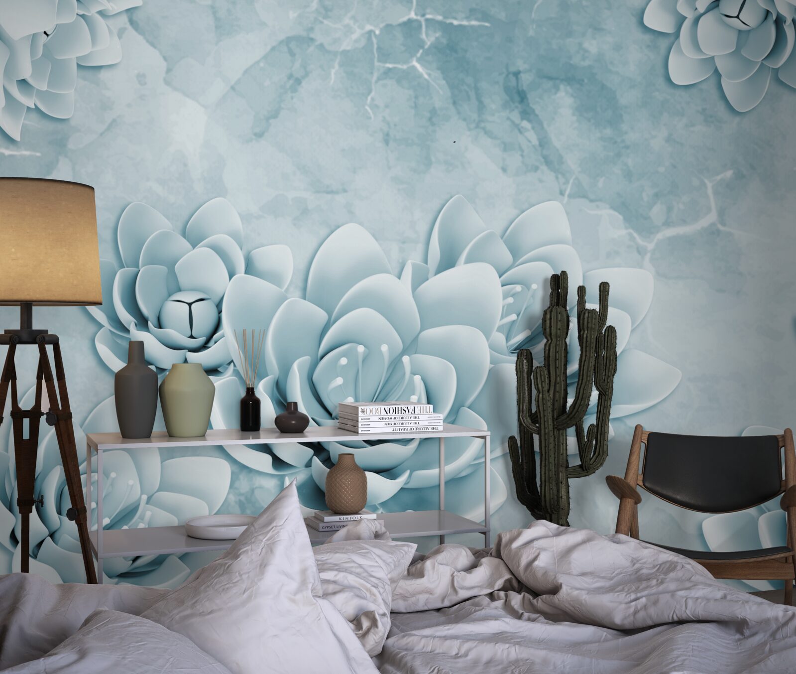 Papier peint fleurs avec une délicate teinte bleue