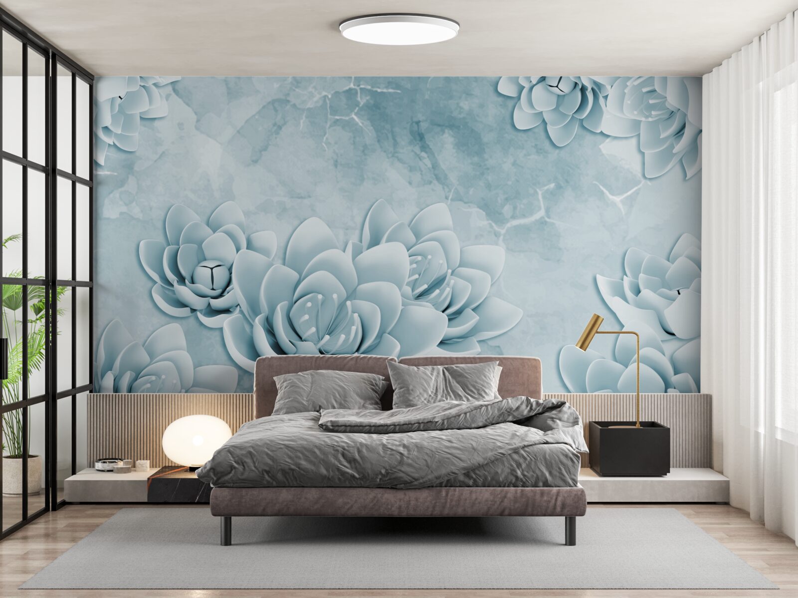 Papier peint fleurs avec une délicate teinte bleue