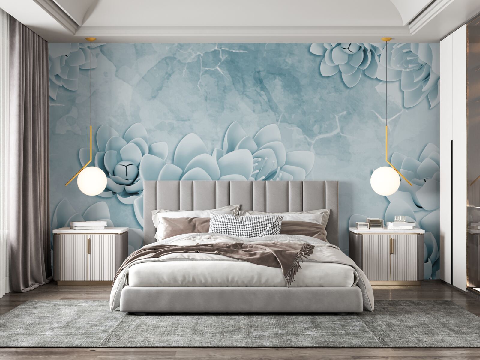 Papier peint fleurs avec une délicate teinte bleue