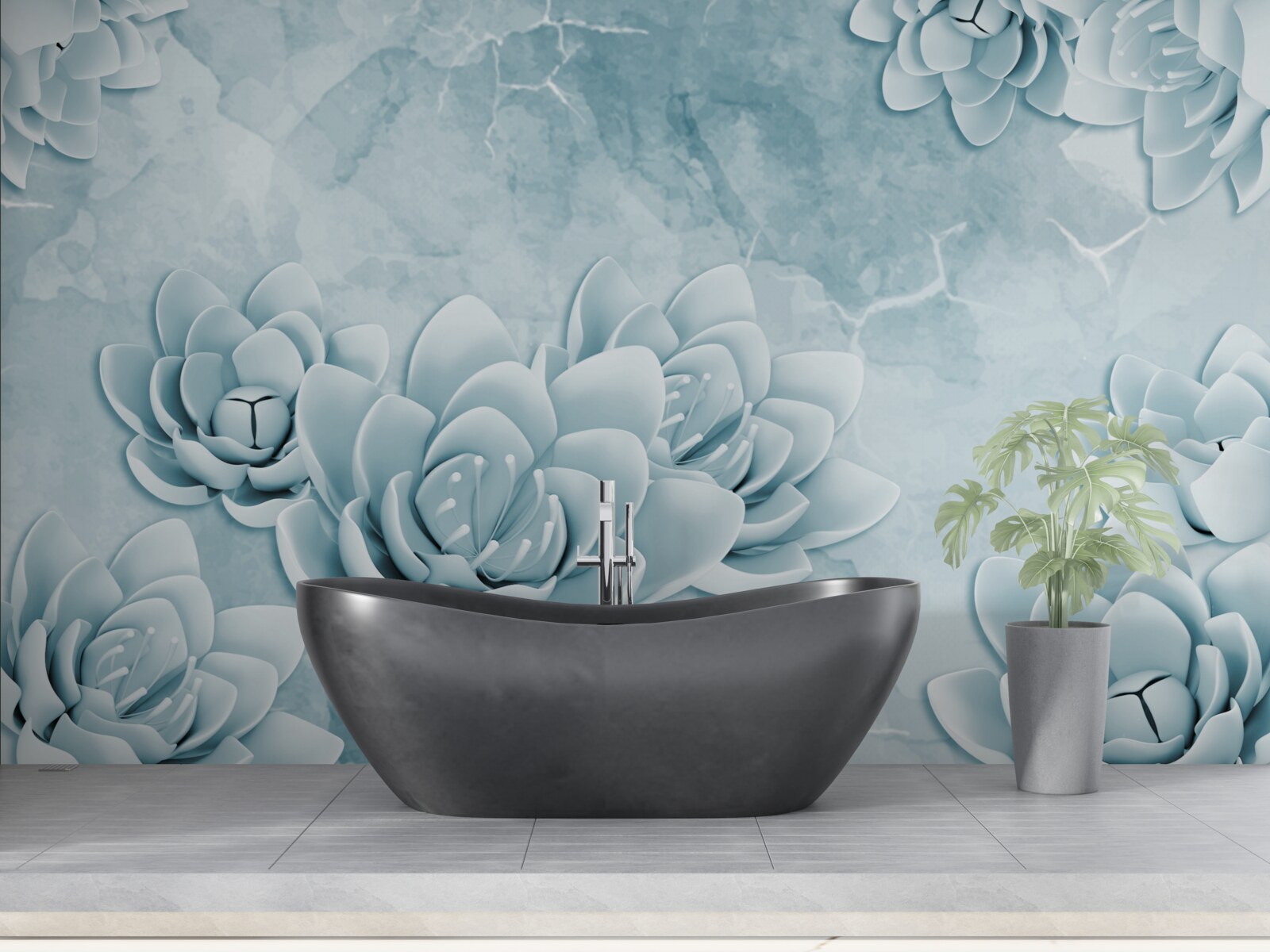 Papier peint fleurs avec une délicate teinte bleue