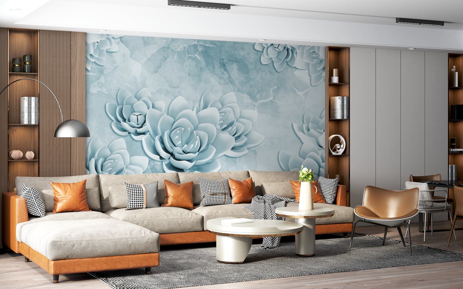 Papier peint fleurs avec une délicate teinte bleue