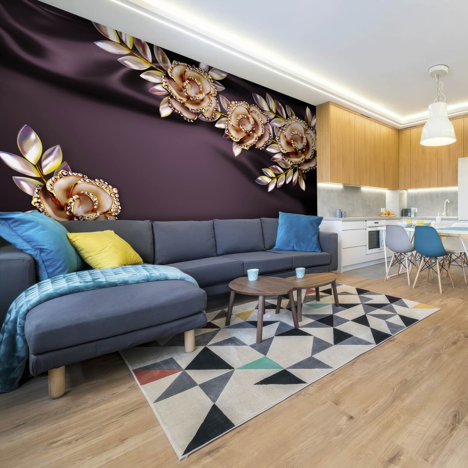 Papier peint roses en or avec des feuilles en guise de décoration