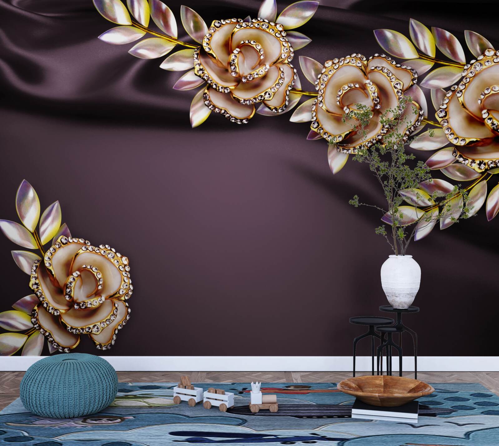 Papier peint roses en or avec des feuilles en guise de décoration