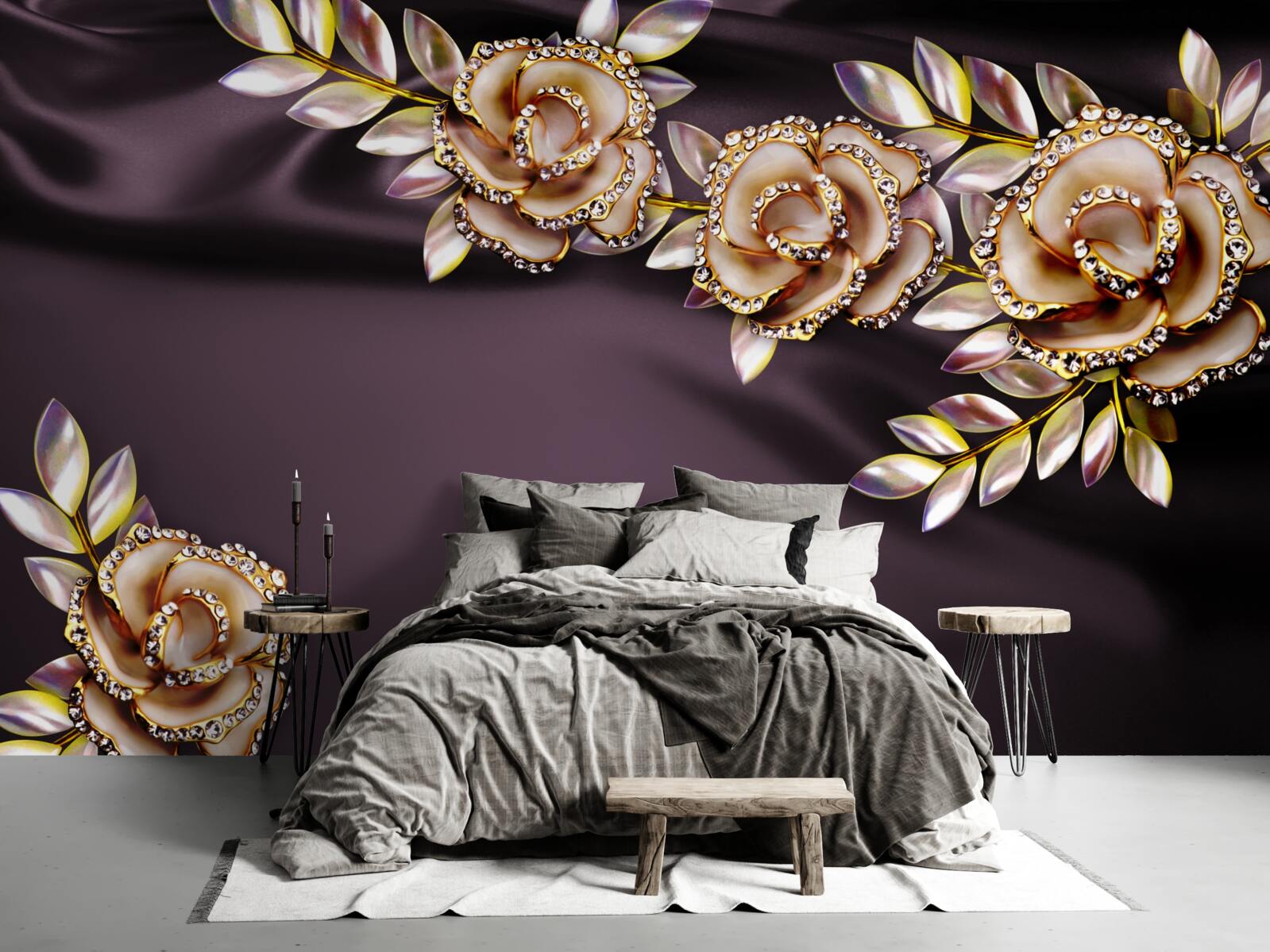 Papier peint roses en or avec des feuilles en guise de décoration