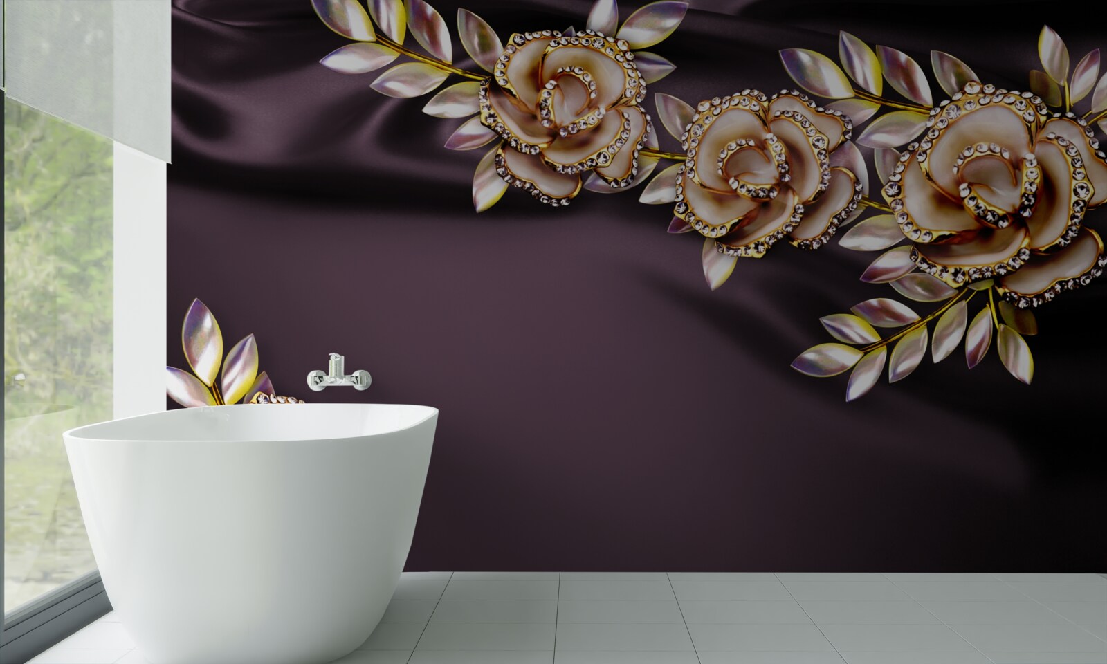 Papier peint roses en or avec des feuilles en guise de décoration