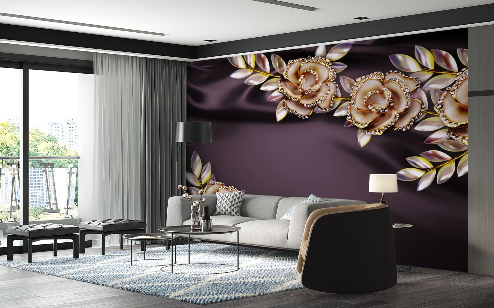 Papier peint roses en or avec des feuilles en guise de décoration