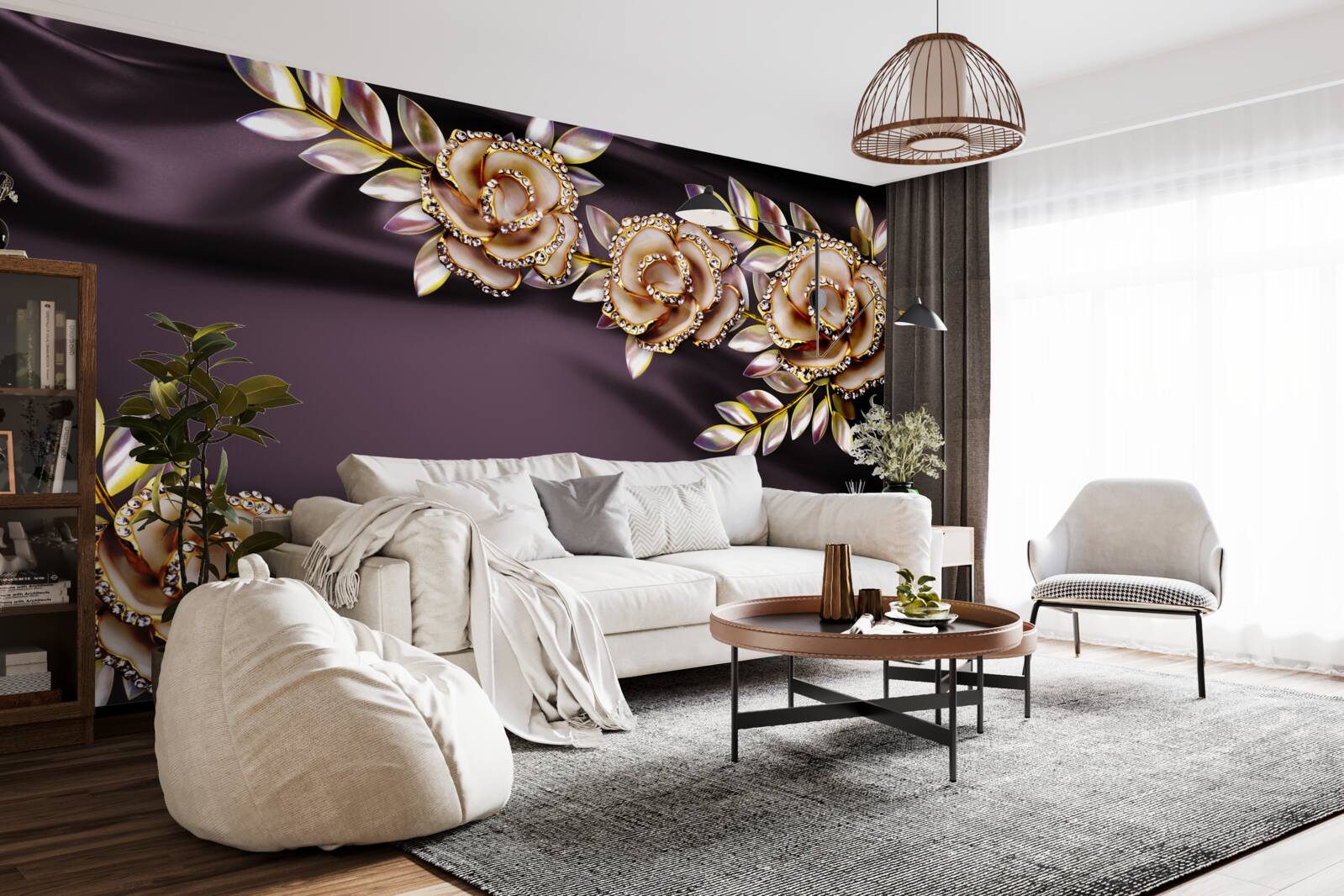 Papier peint roses en or avec des feuilles en guise de décoration