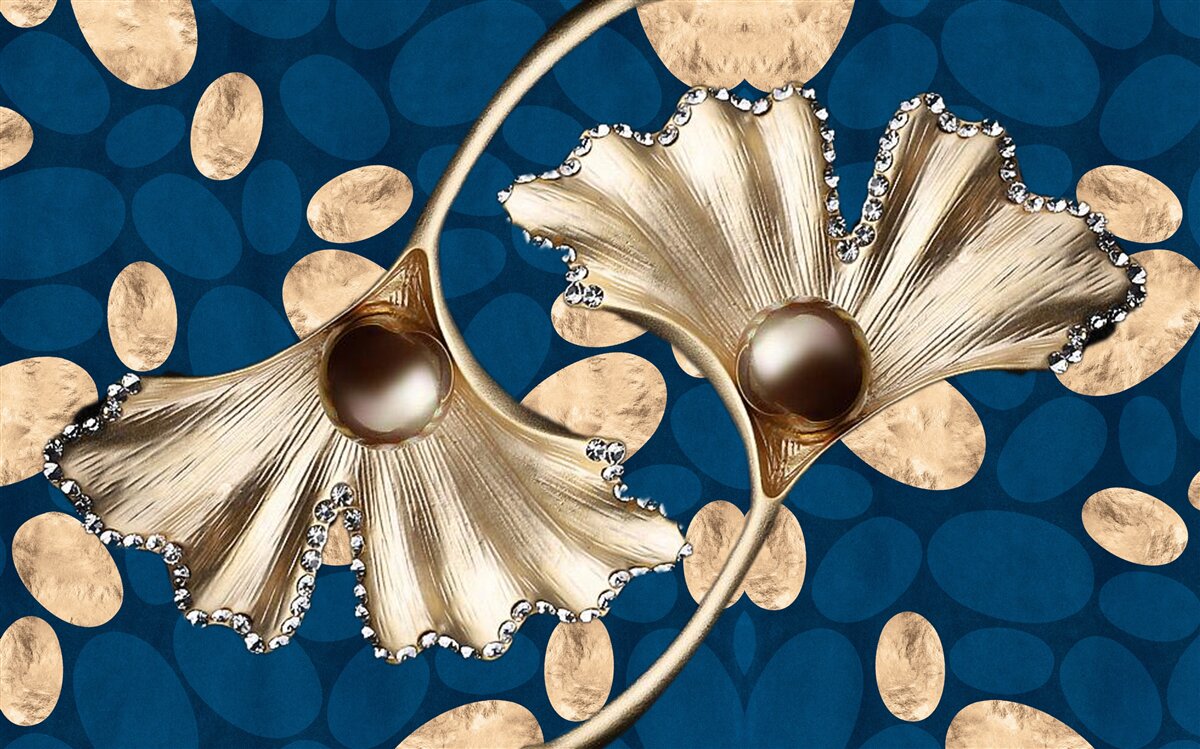 Papier peint le fond bleu est décoré de fleurs dorées