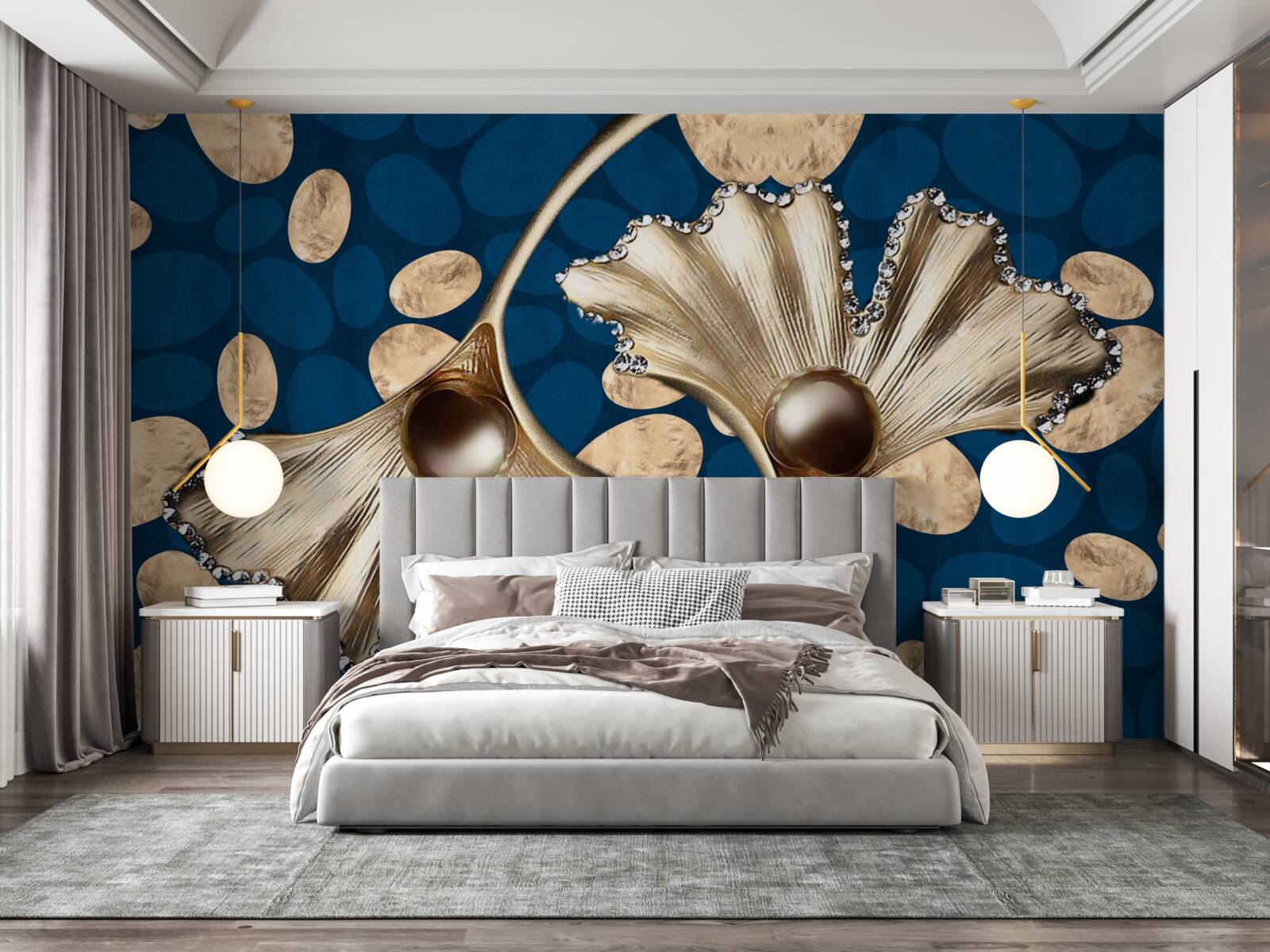 Papier peint le fond bleu est décoré de fleurs dorées