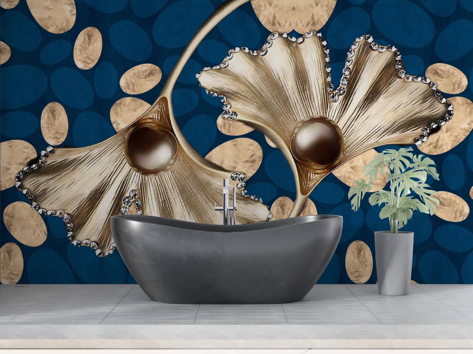 Papier peint le fond bleu est décoré de fleurs dorées