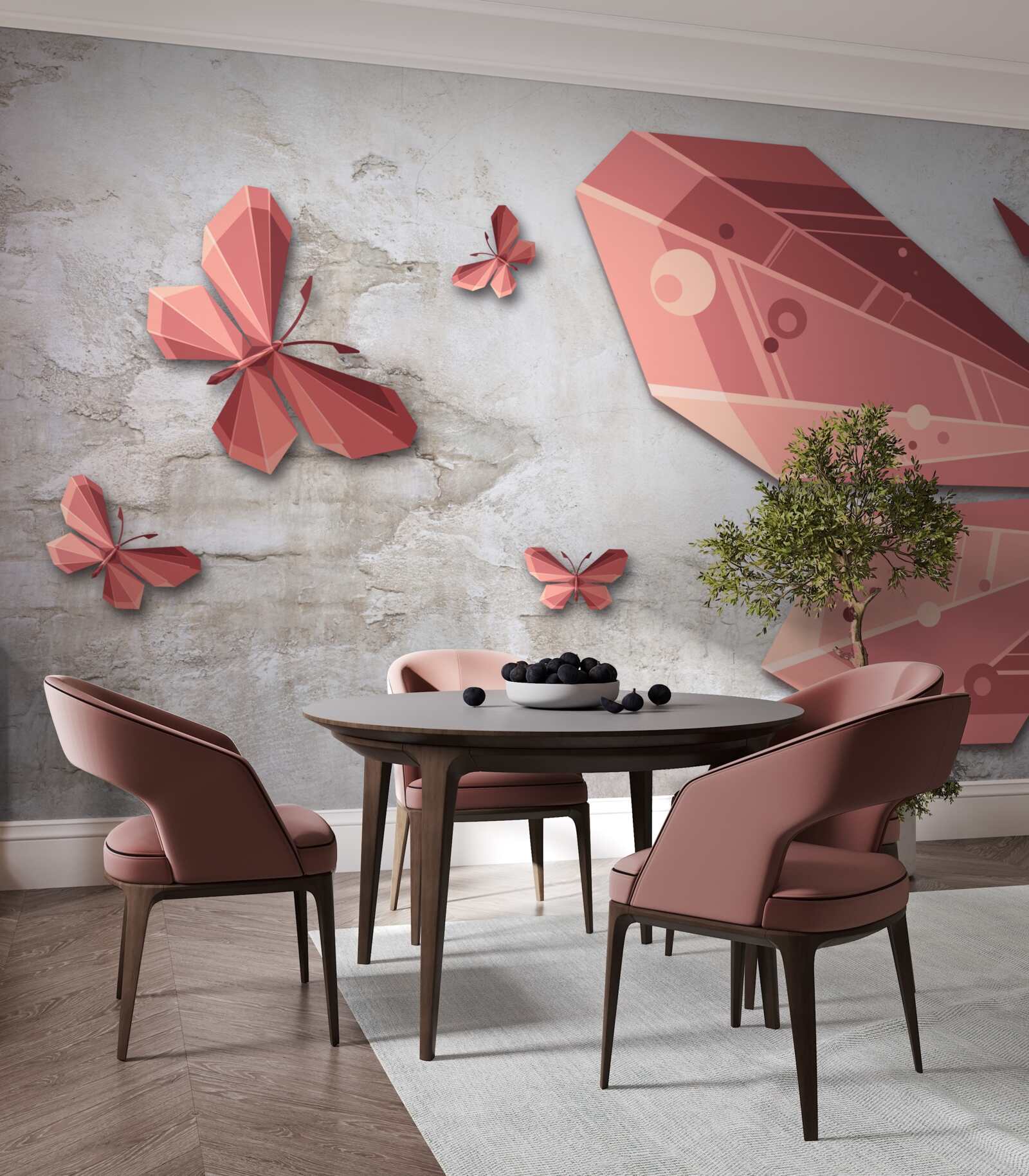 Papier peint papillon flottant dans les tons de rose