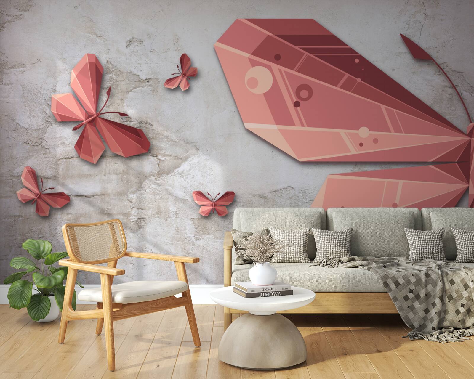 Papier peint papillon flottant dans les tons de rose