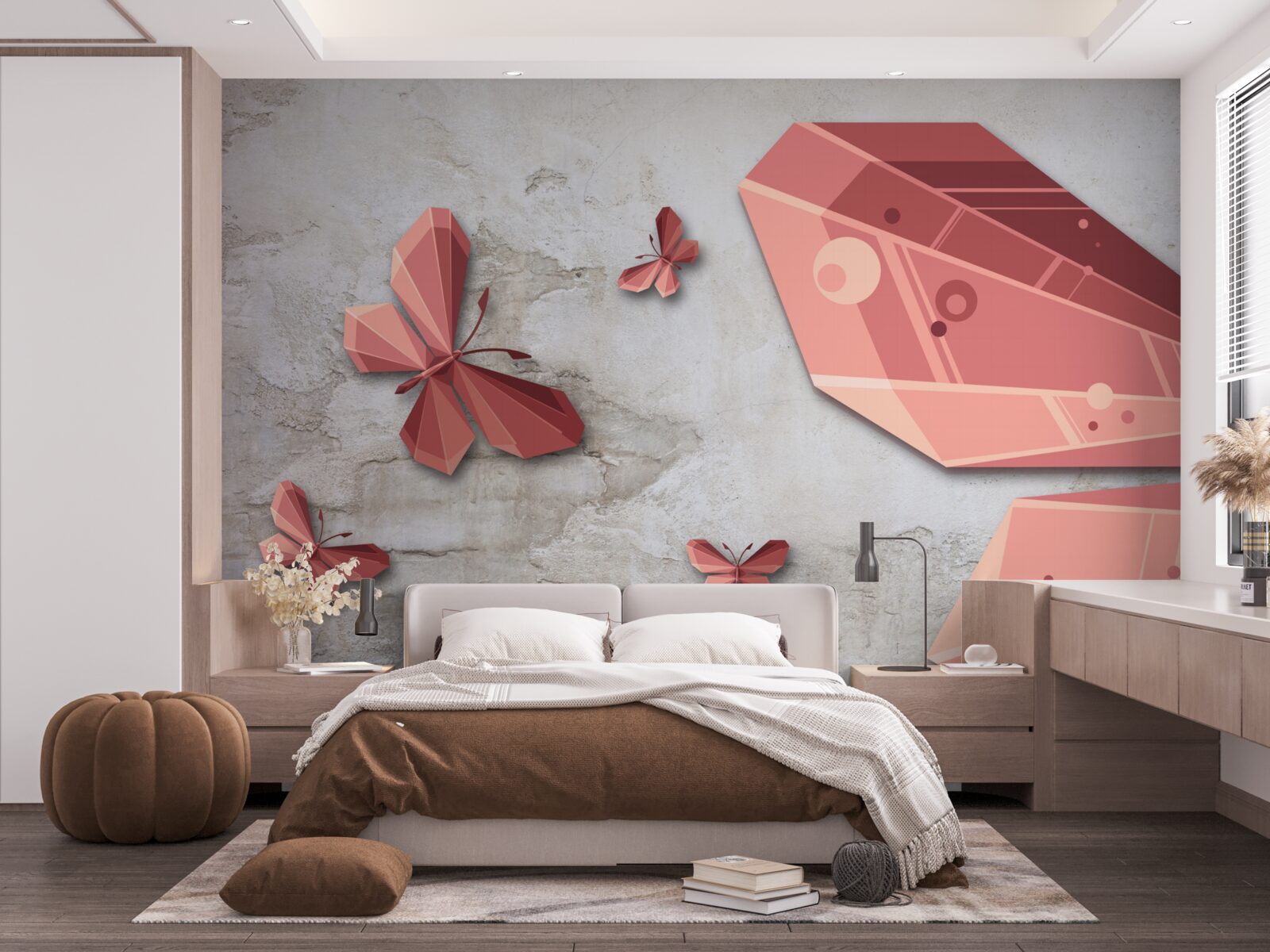 Papier peint papillon flottant dans les tons de rose