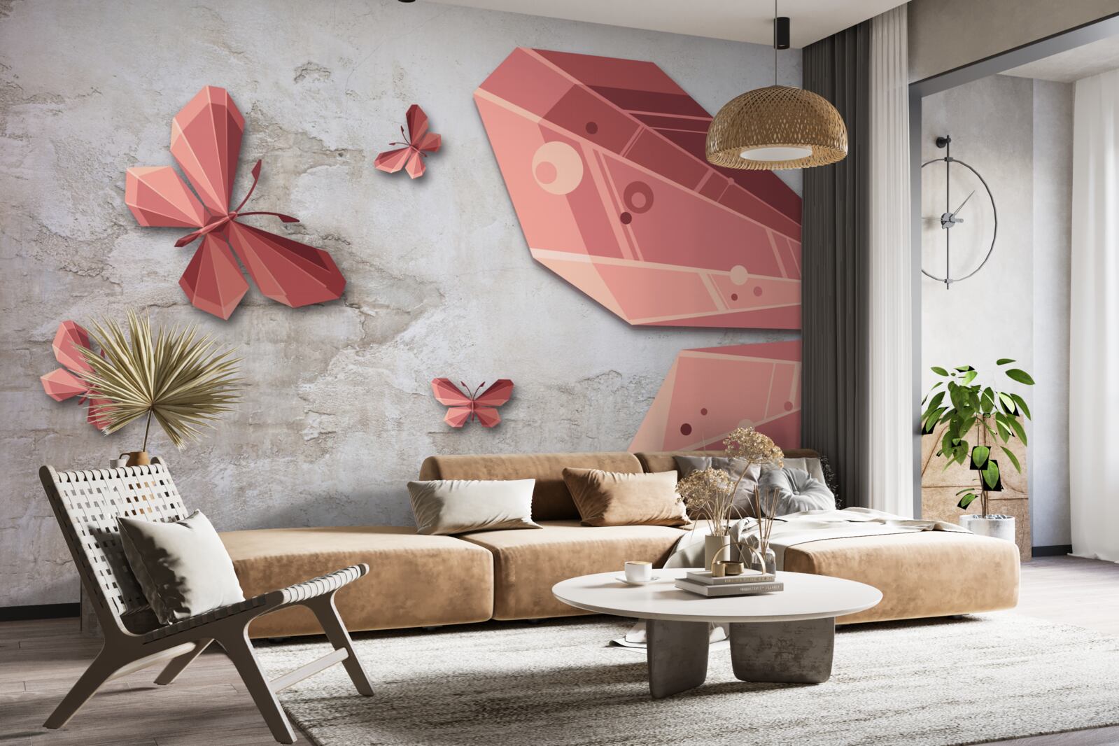Papier peint papillon flottant dans les tons de rose