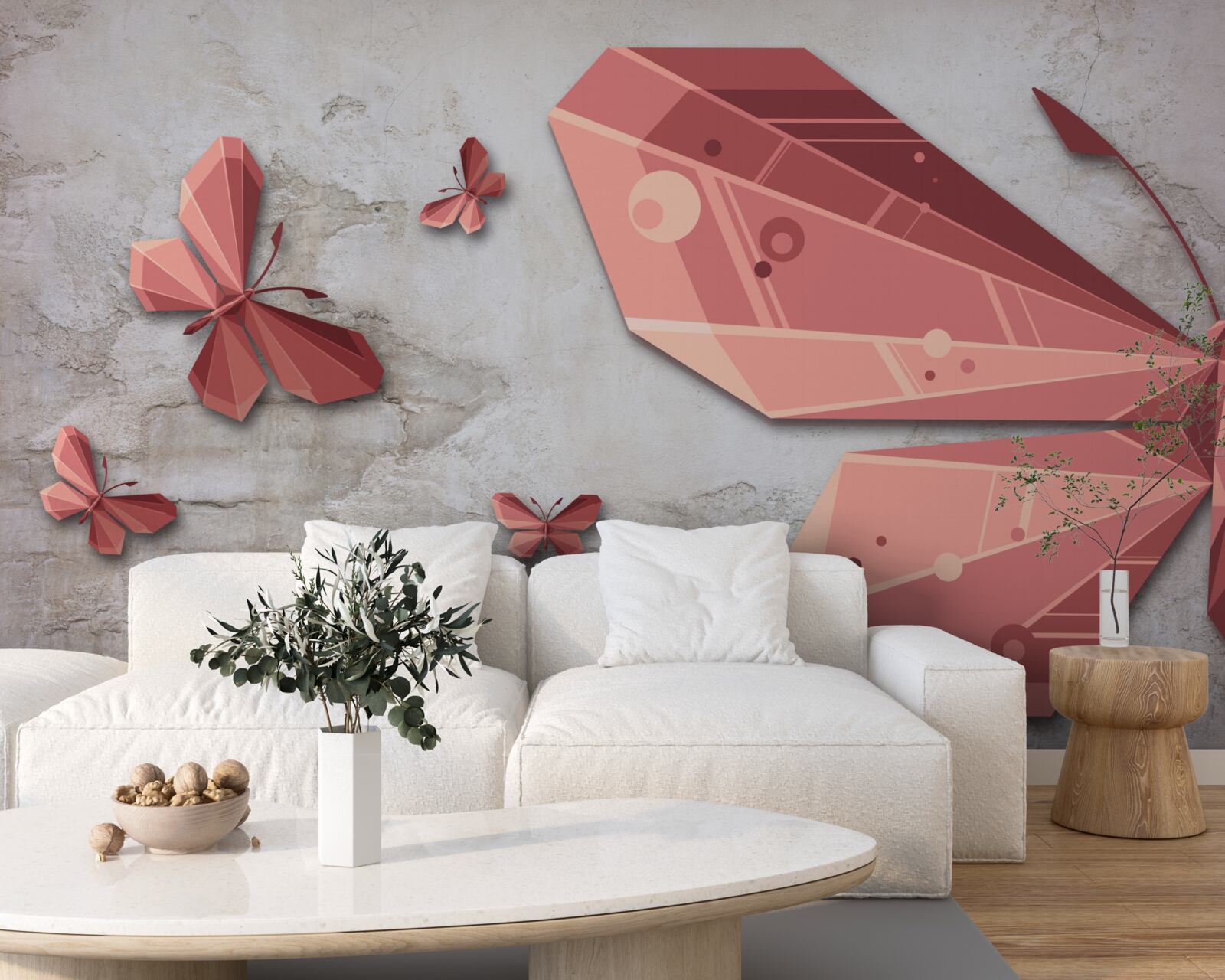 Papier peint papillon flottant dans les tons de rose