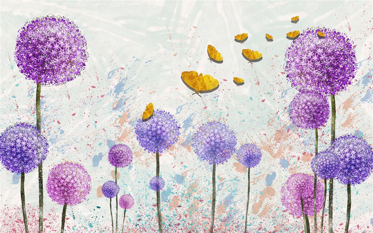 Papier peint des asclépiades multicolores et des papillons d'un or éclatant