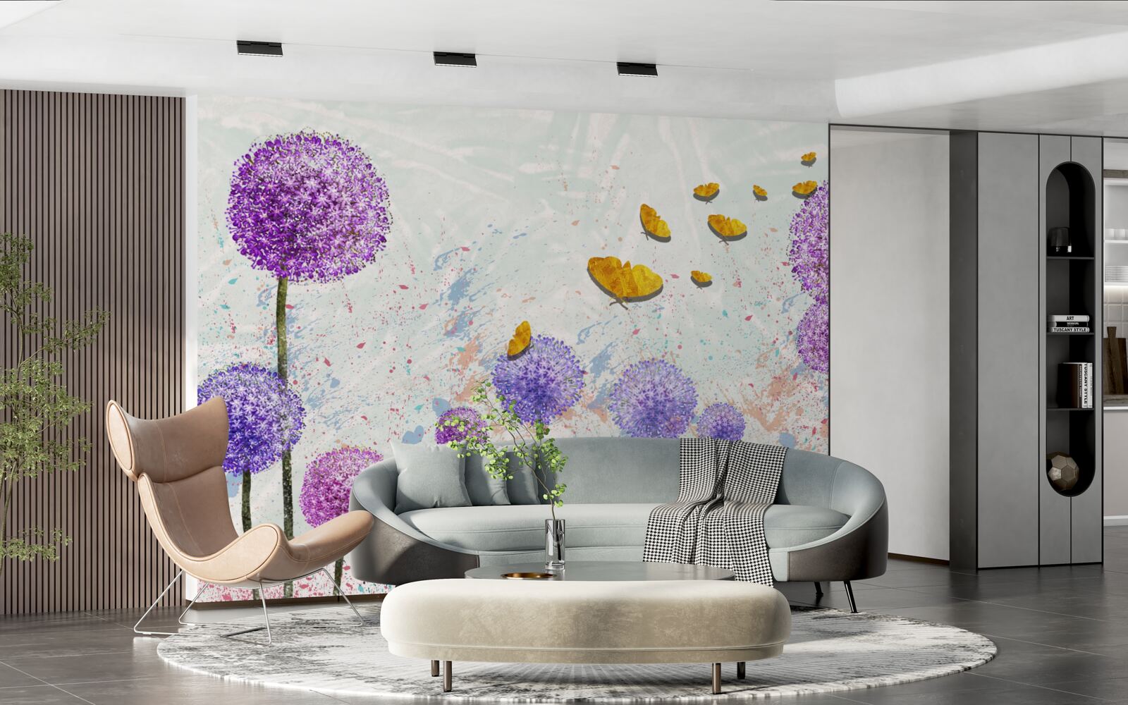 Papier peint des asclépiades multicolores et des papillons d'un or éclatant