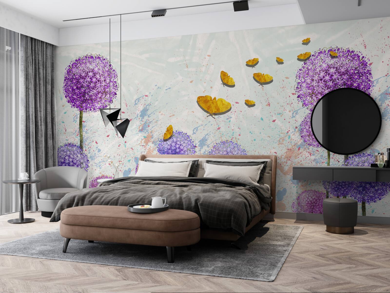 Papier peint des asclépiades multicolores et des papillons d'un or éclatant