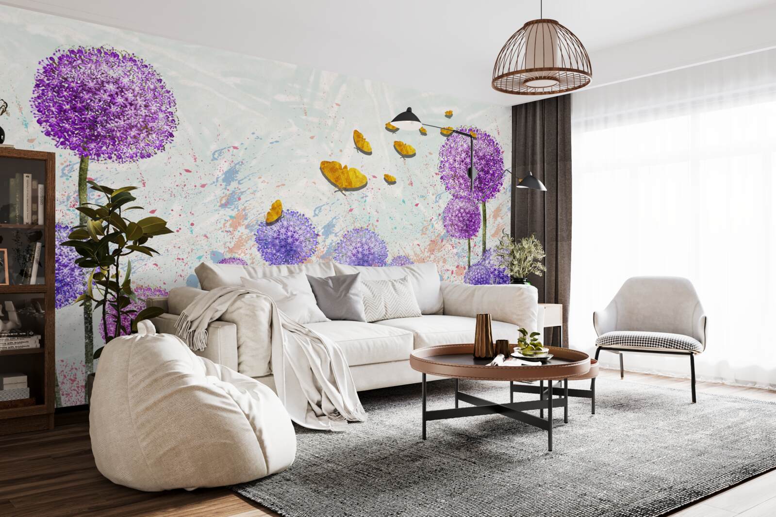 Papier peint des asclépiades multicolores et des papillons d'un or éclatant