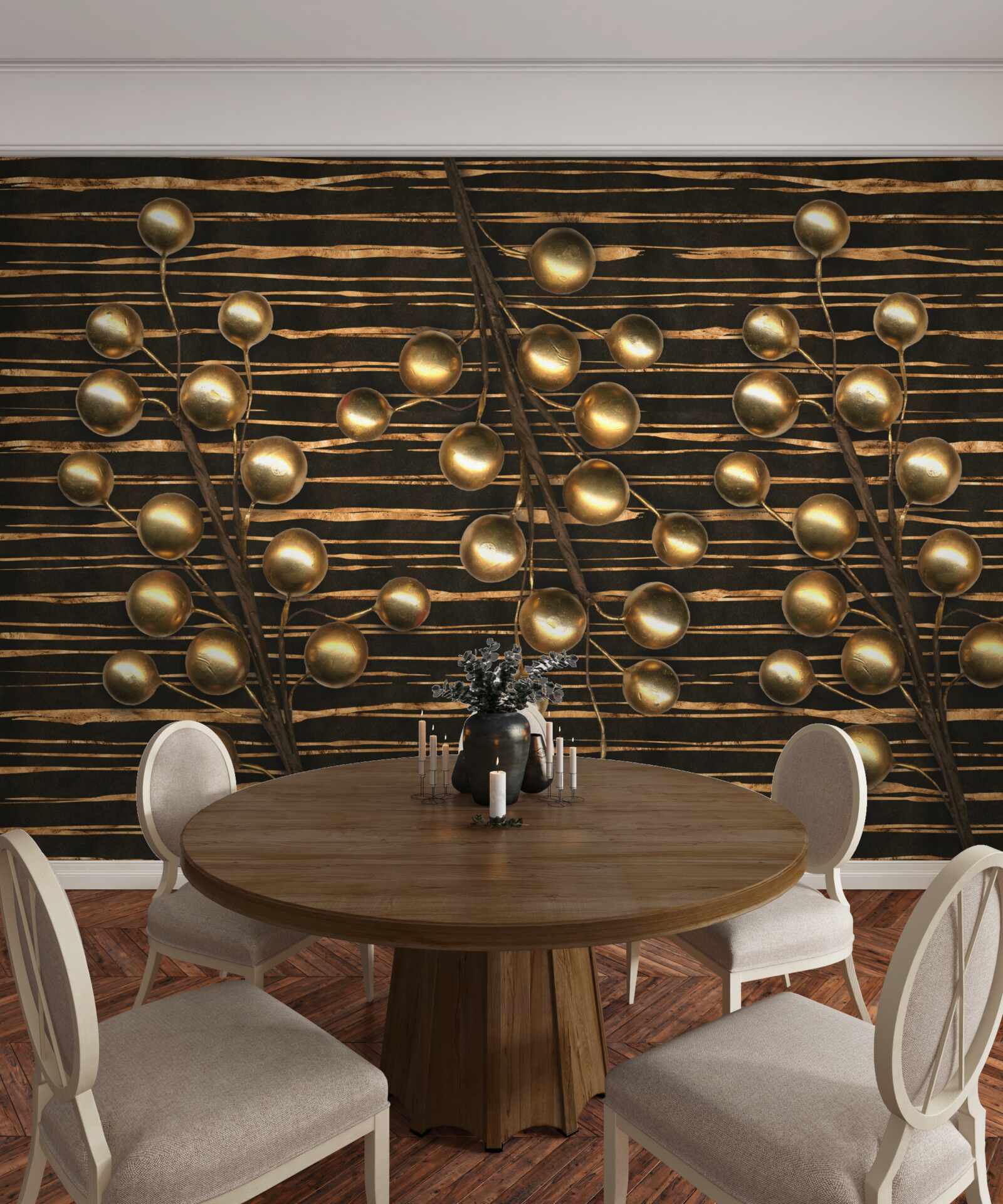 Papier peint perles dorées sur fond brun