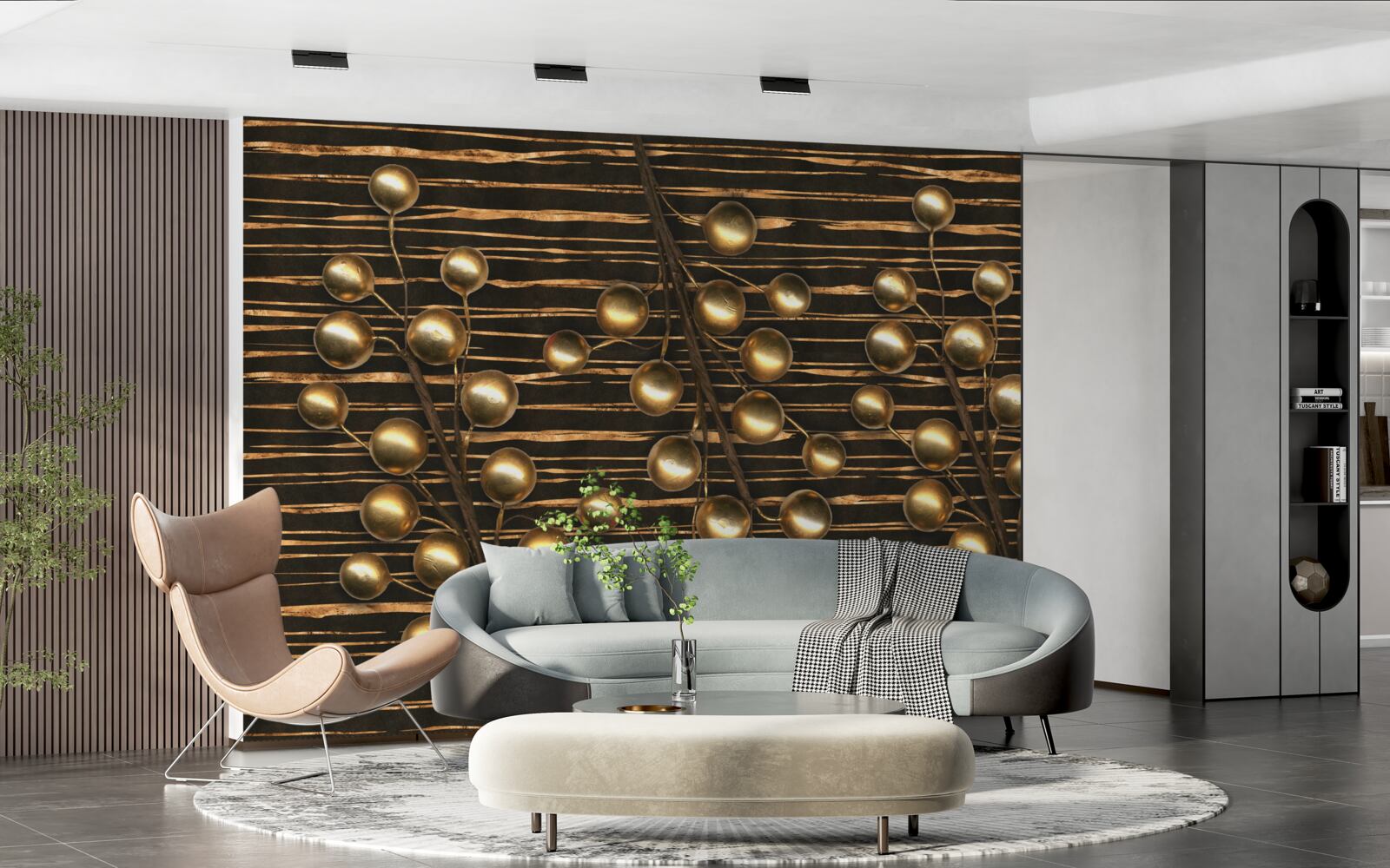 Papier peint perles dorées sur fond brun