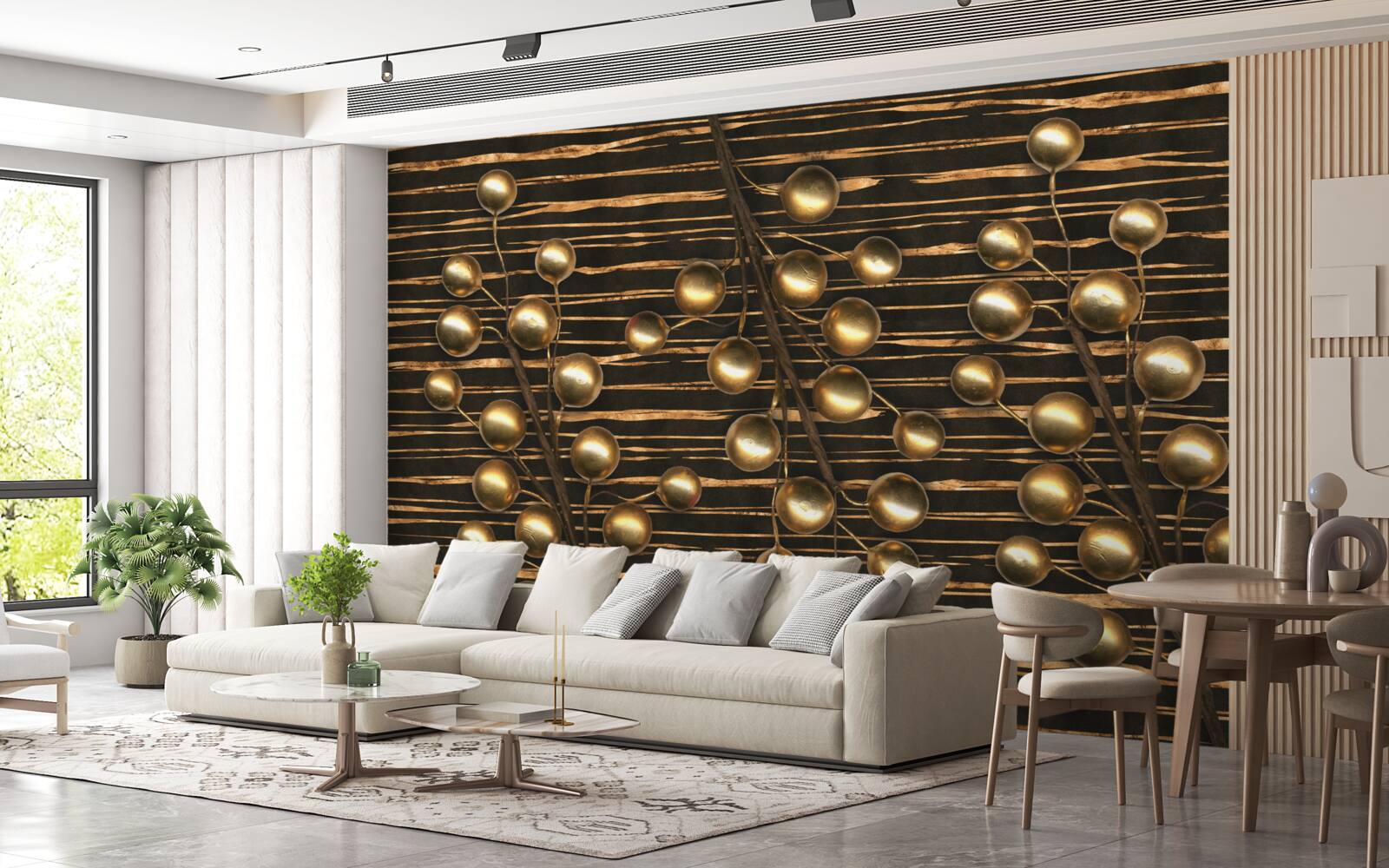 Papier peint perles dorées sur fond brun