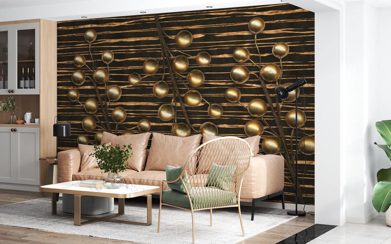 Papier peint perles dorées sur fond brun