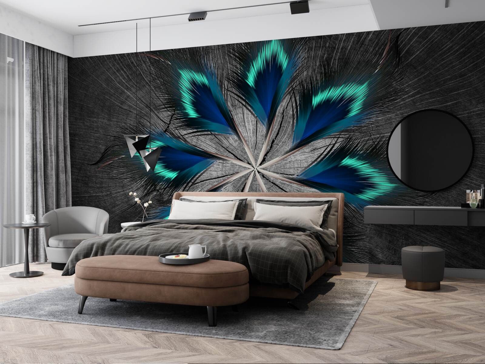 Papier peint plumes de paon en forme d'étoile avec motif abstrait