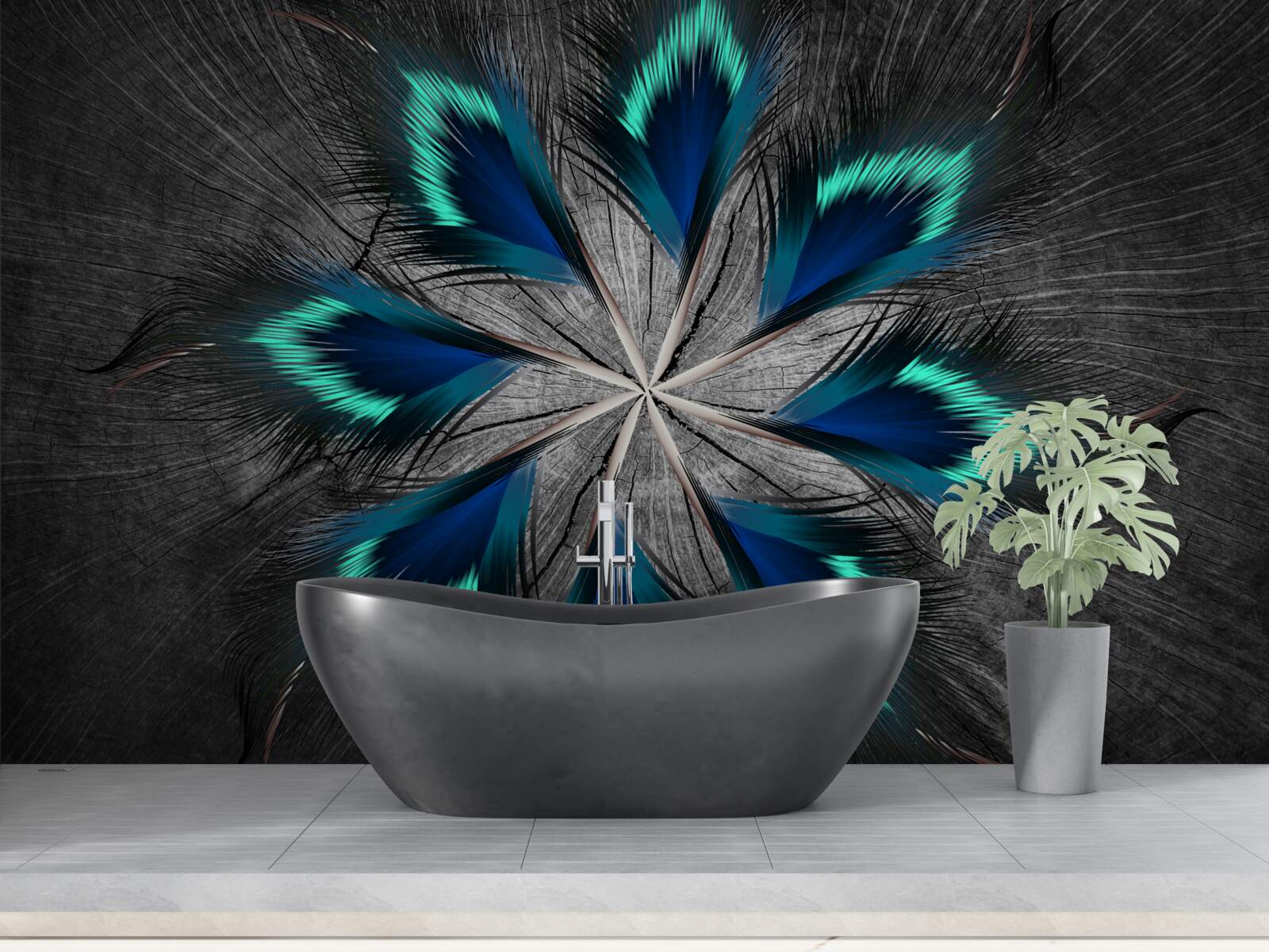 Papier peint plumes de paon en forme d'étoile avec motif abstrait