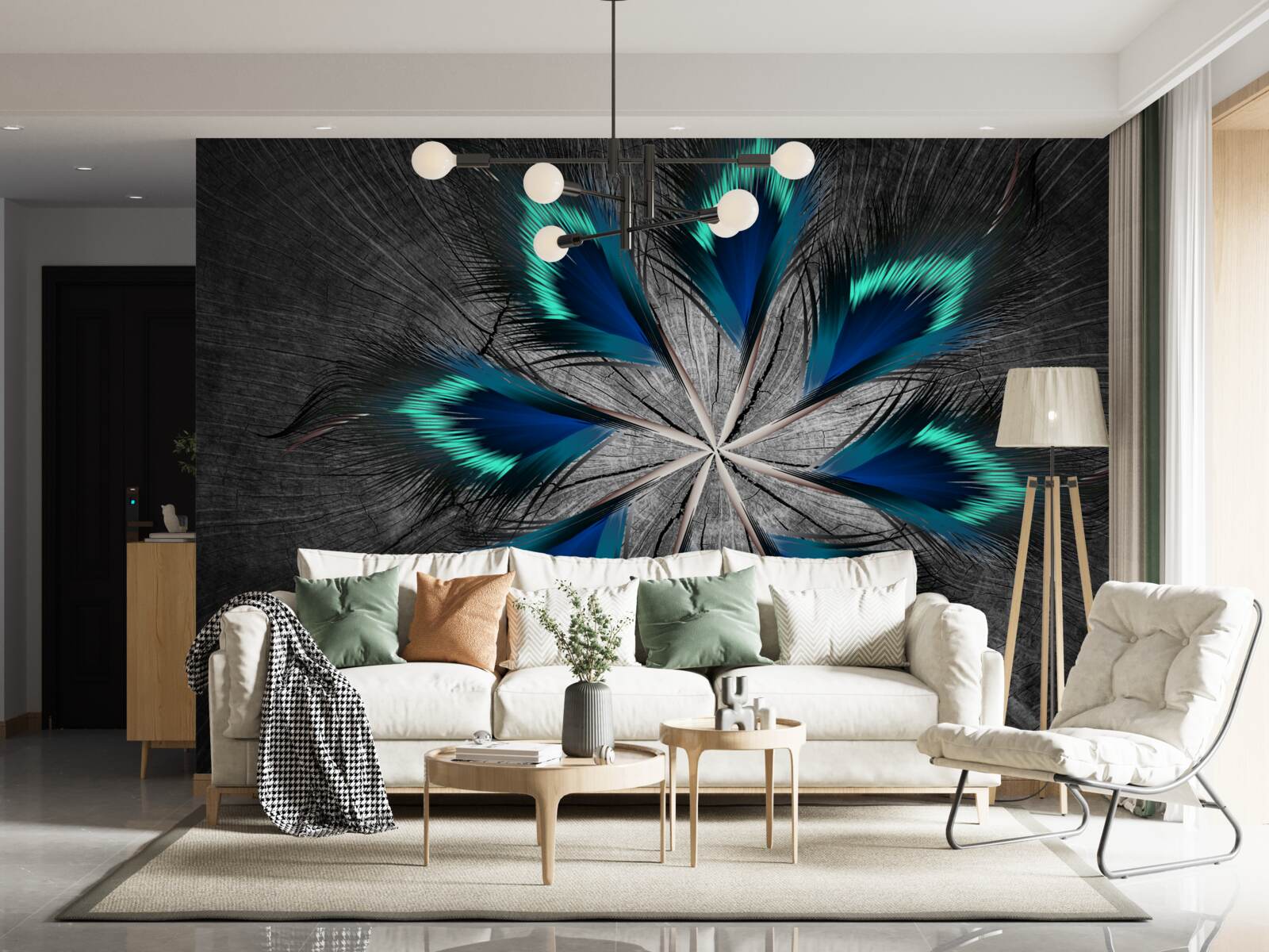 Papier peint plumes de paon en forme d'étoile avec motif abstrait