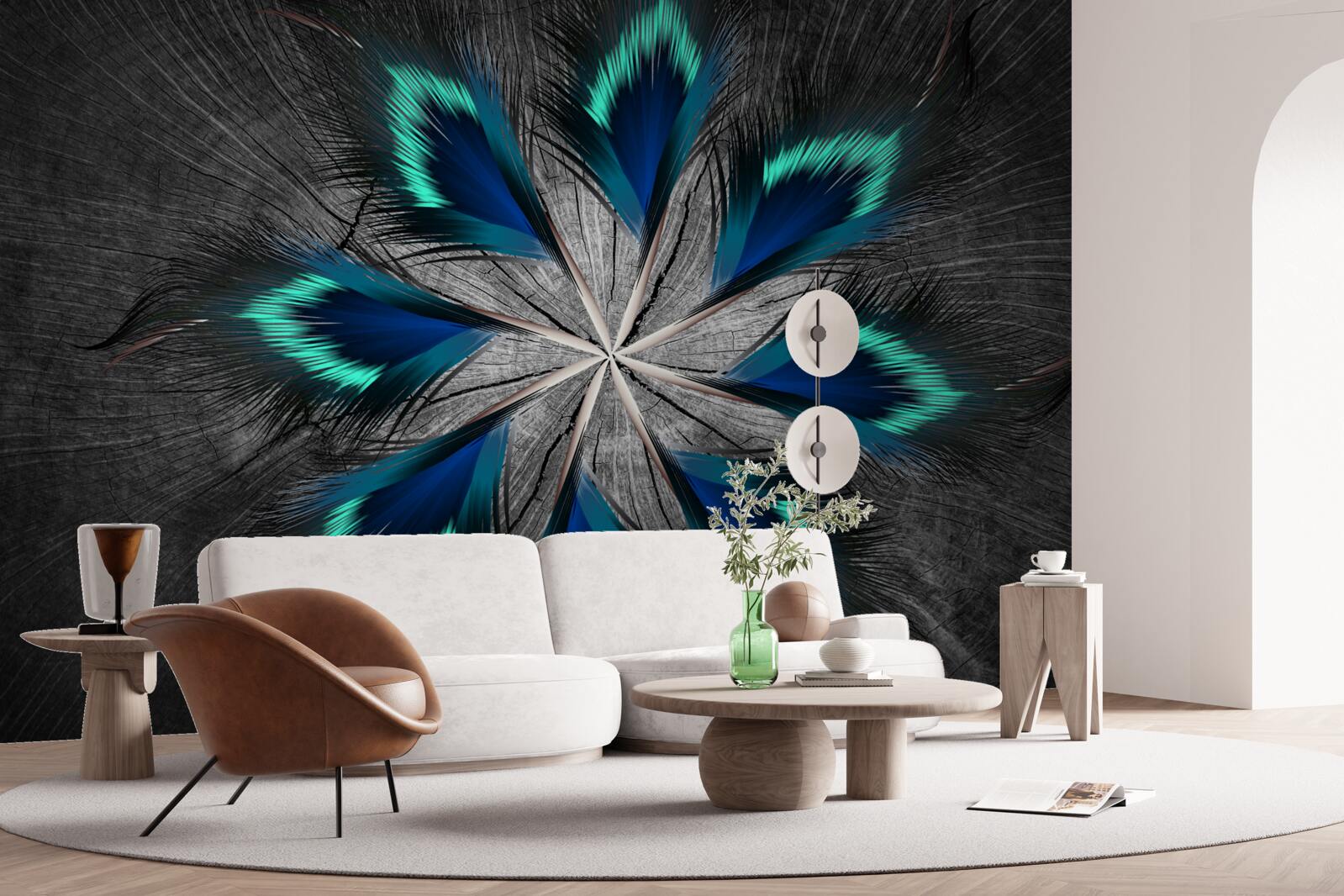 Papier peint plumes de paon en forme d'étoile avec motif abstrait